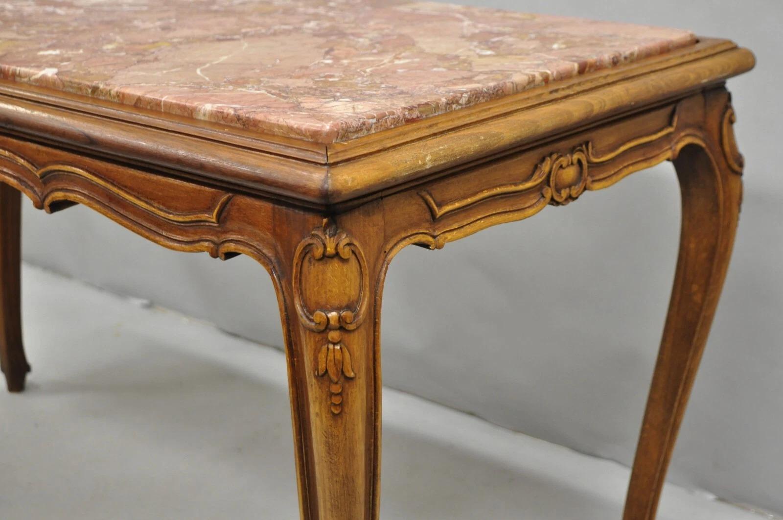 Antique French Louis XV Style Carved Walnut Rouge Marble Top Console Hall Table For Sale 4