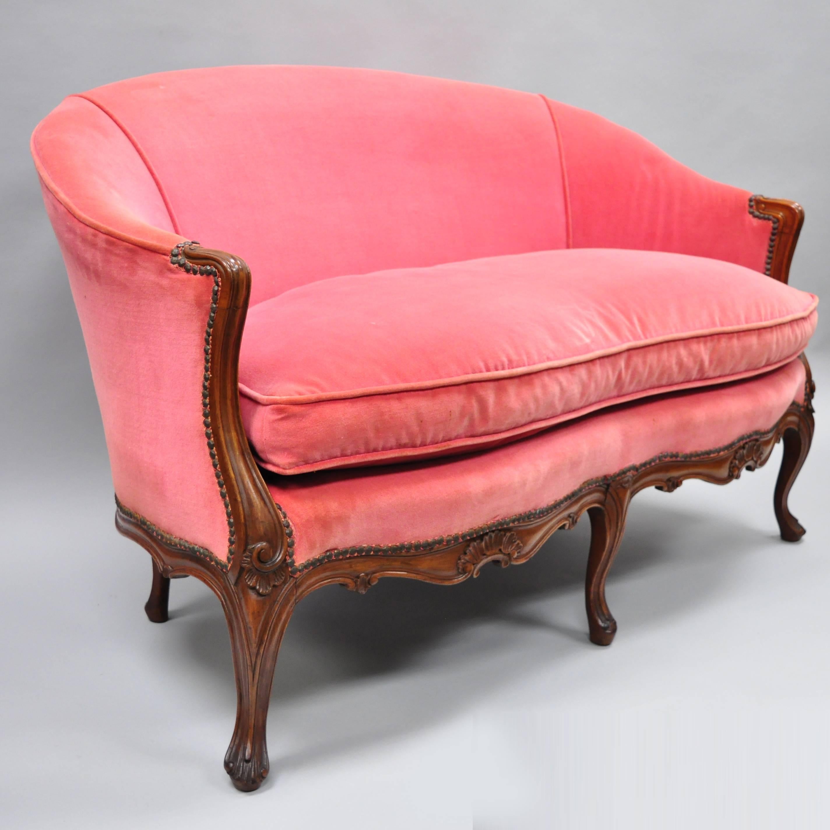 Antique French Louis XV Style Carved Walnut Settee Loveseat Canapé Pink Sofa 5