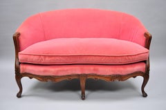 Antique French Louis XV Style Carved Walnut Settee Loveseat Canapé Pink Sofa