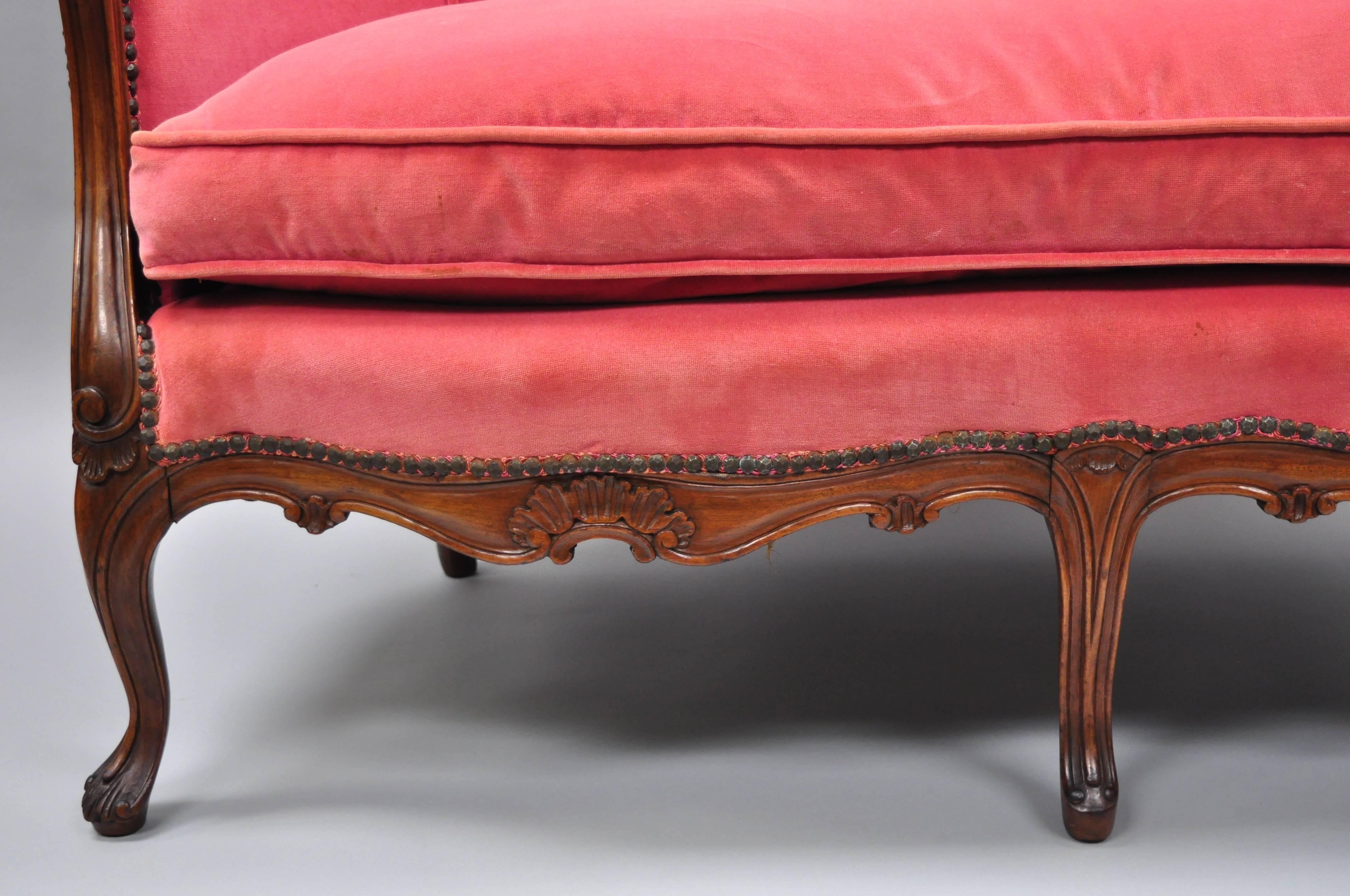 Fabric Antique French Louis XV Style Carved Walnut Settee Loveseat Canapé Pink Sofa