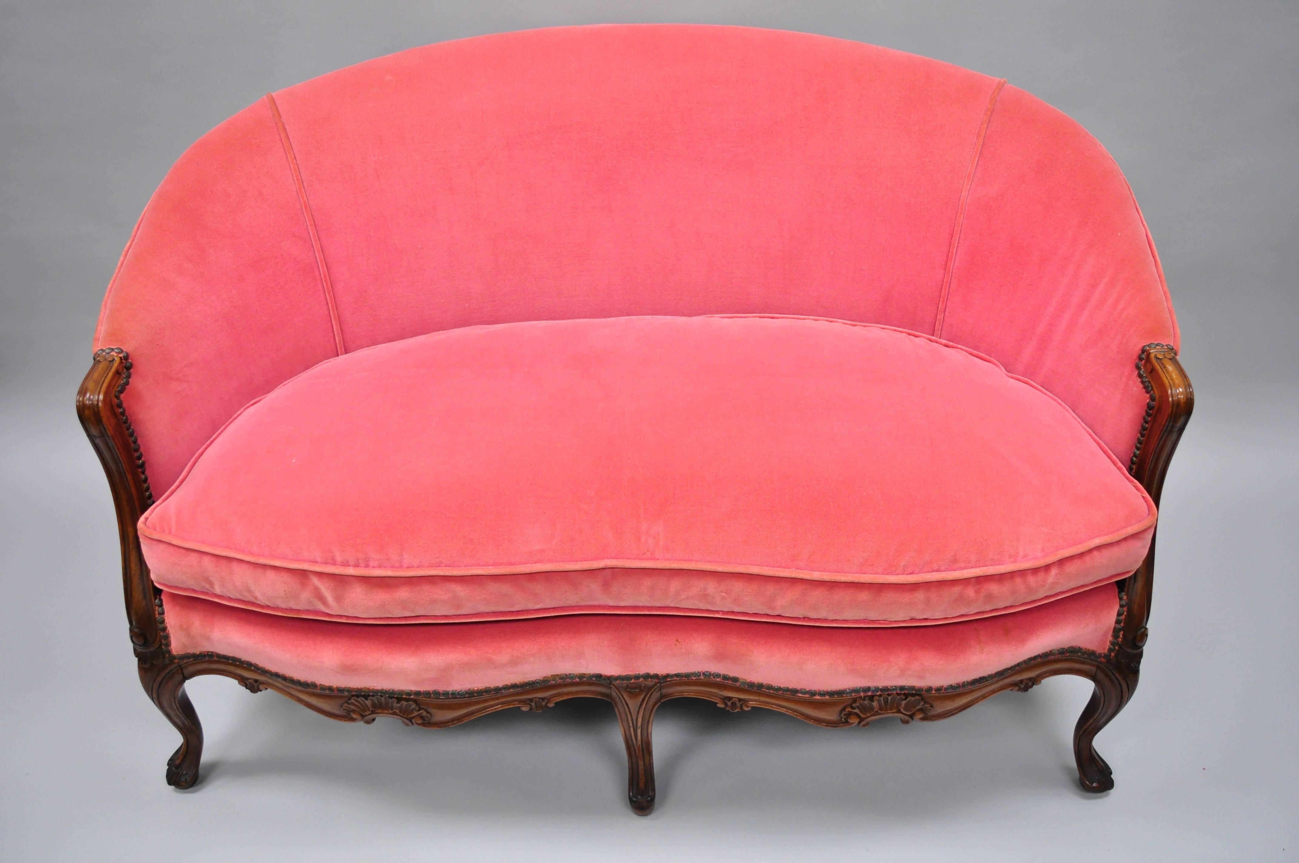 Antique French Louis XV Style Carved Walnut Settee Loveseat Canapé Pink Sofa 2