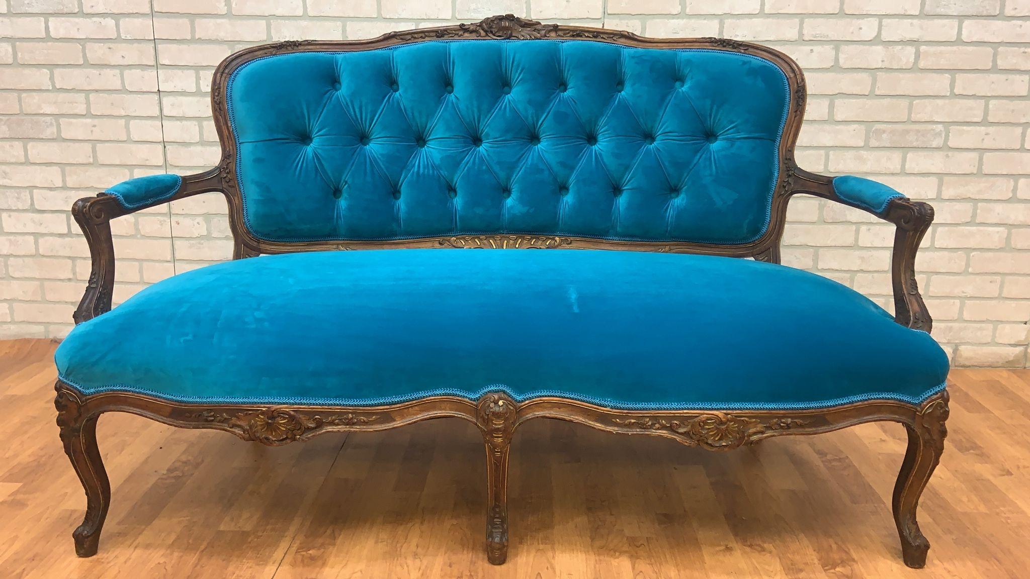 Early 20th Century Antique French Louis XV Style Carved Walnut Settee Newly Reupholstered