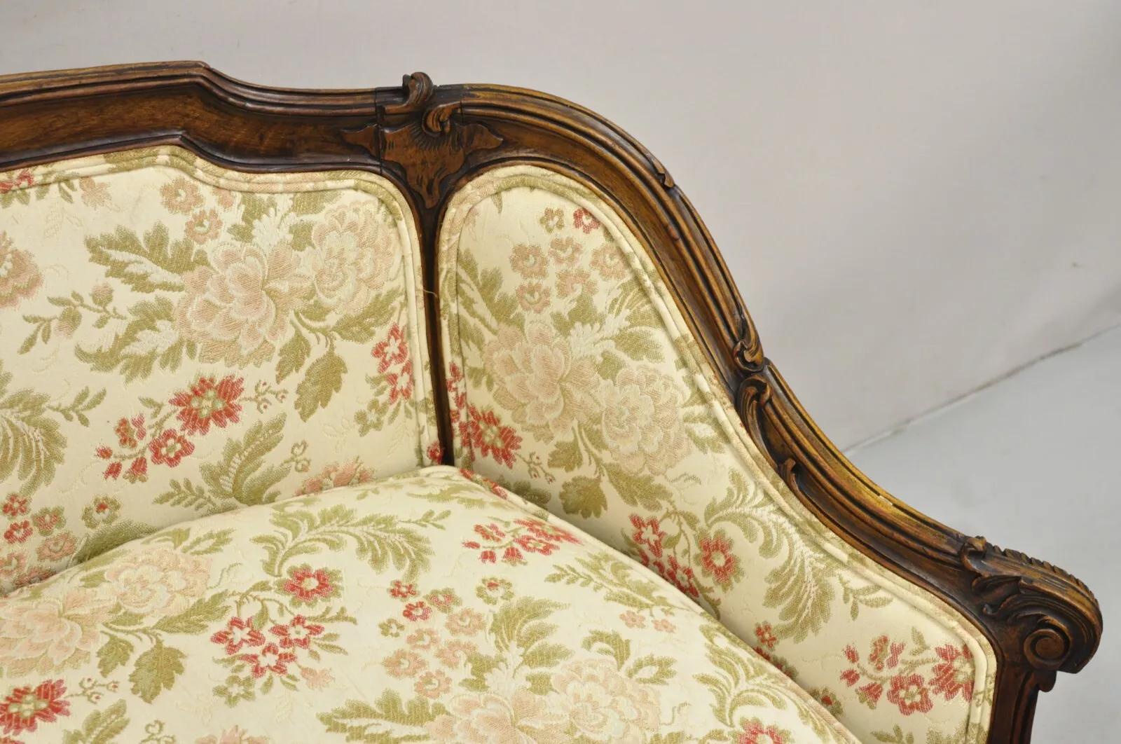 Antique French Louis XV Style Carved Walnut Small Loveseat Settee Sofa In Good Condition In Philadelphia, PA
