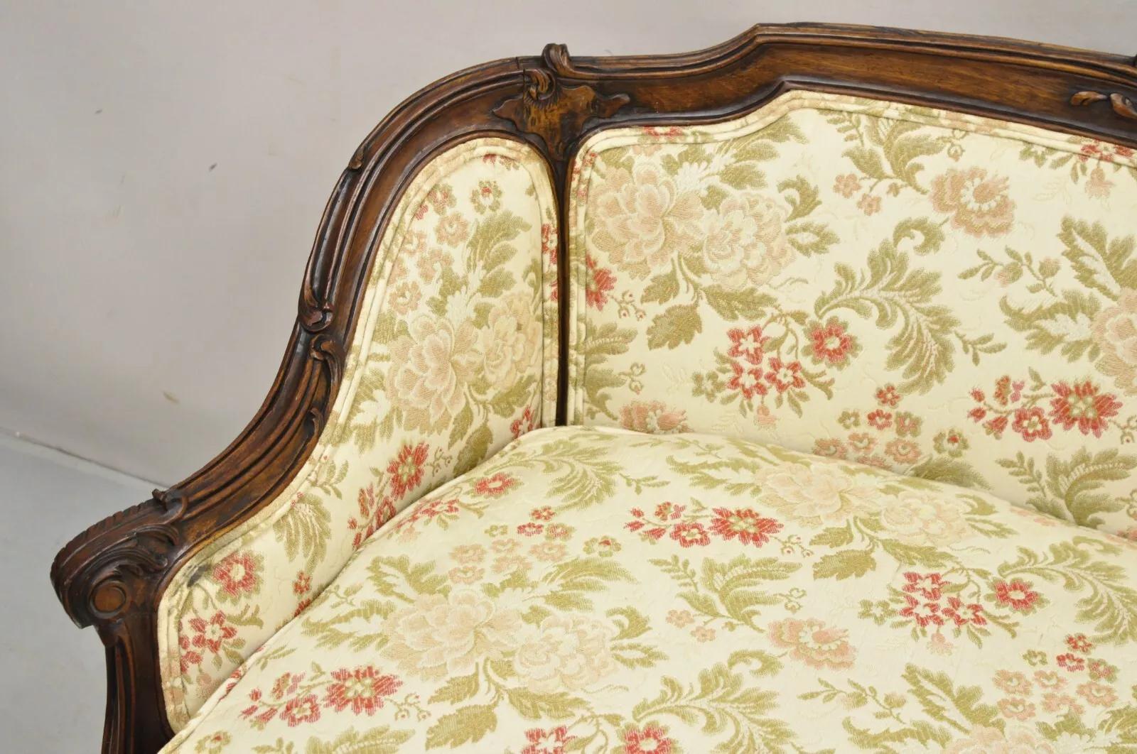 Antique French Louis XV Style Carved Walnut Small Loveseat Settee Sofa 1