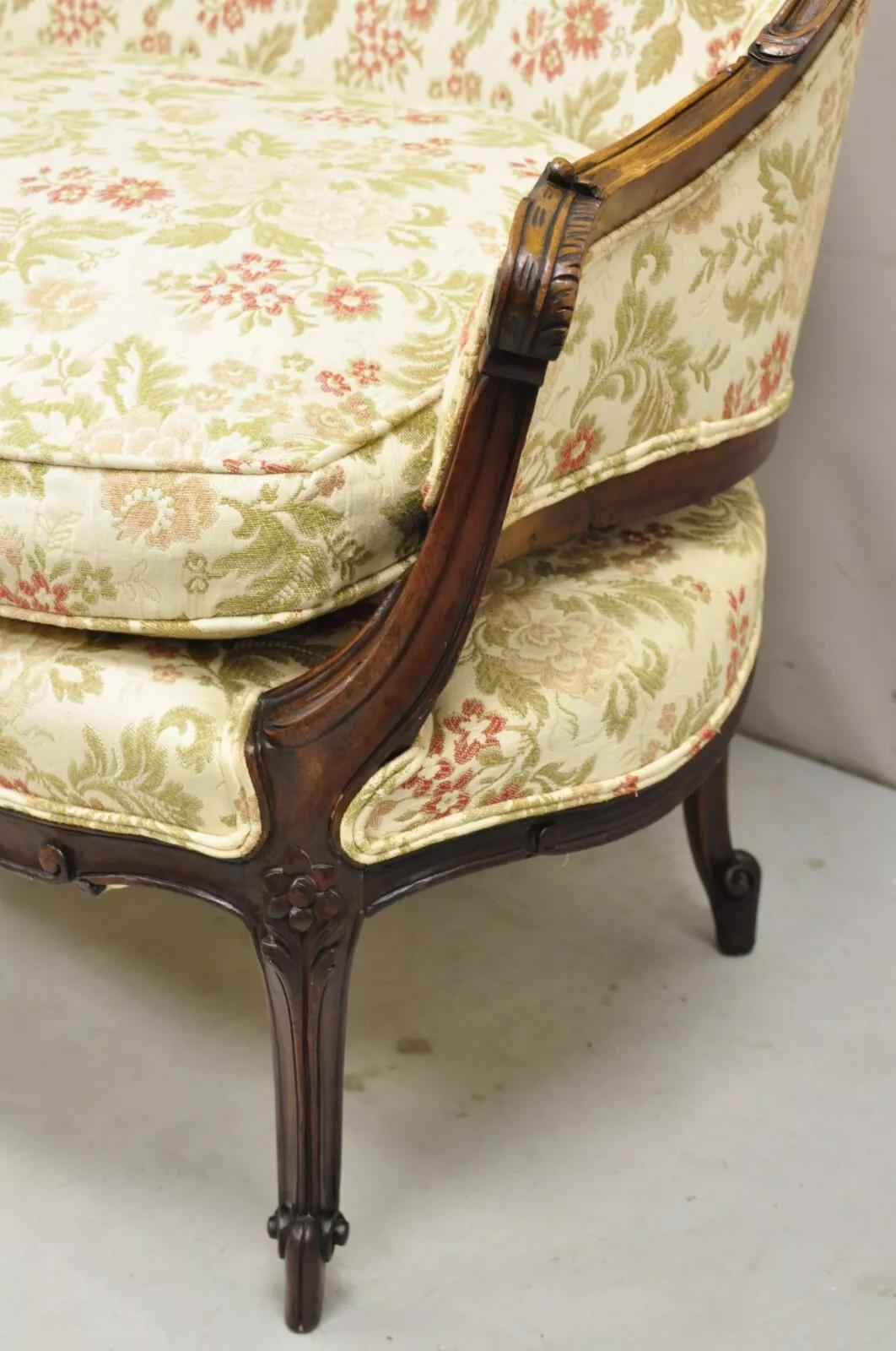 Antique French Louis XV Style Carved Walnut Small Loveseat Settee Sofa 2