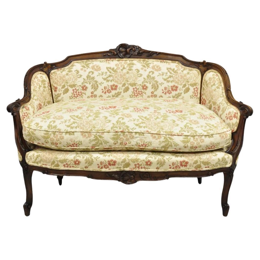 Antique French Louis XV Style Carved Walnut Small Loveseat Settee Sofa For Sale