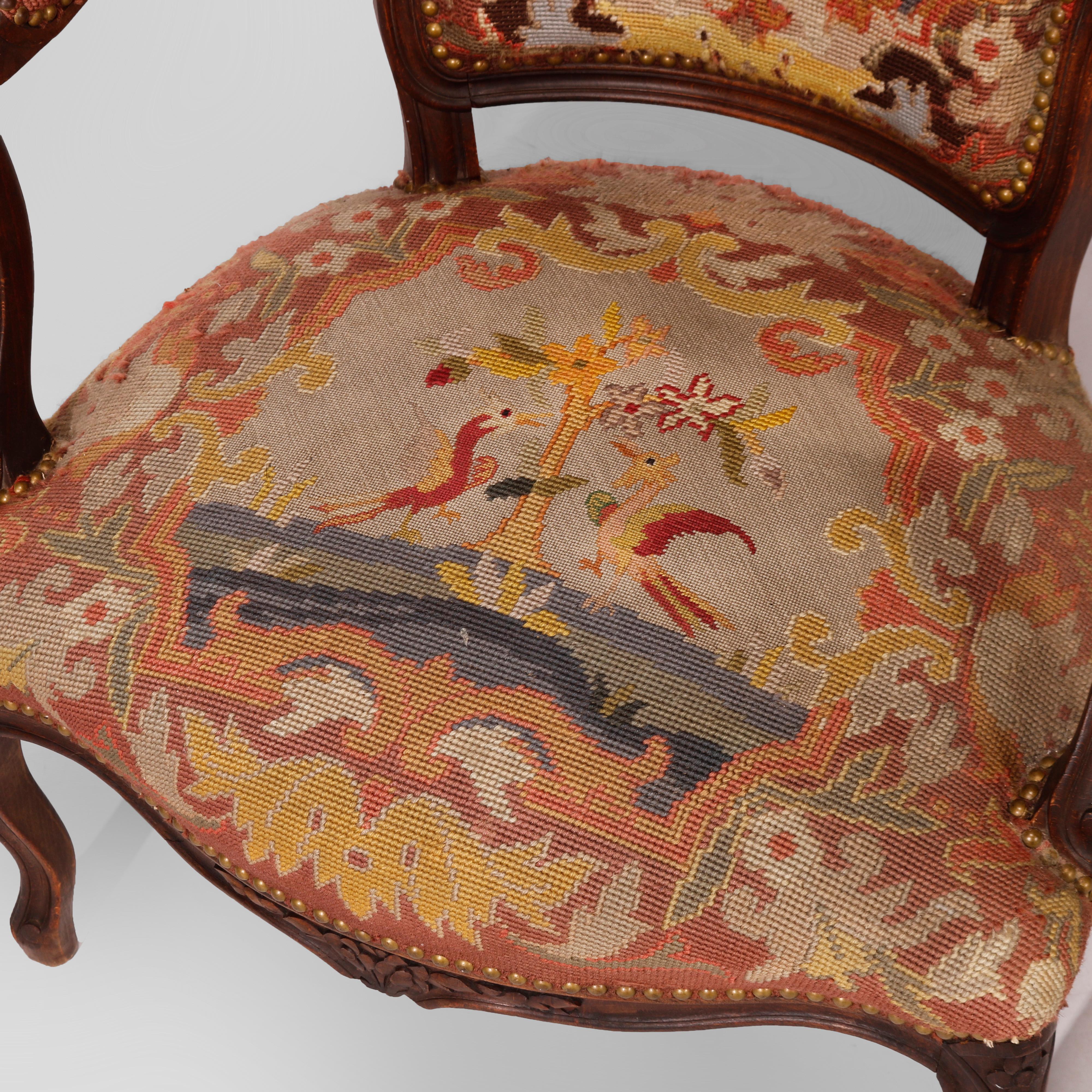 Antique French Louis XV Style Carved Walnut & Tapestry Arm Chair, Circa 1900 5