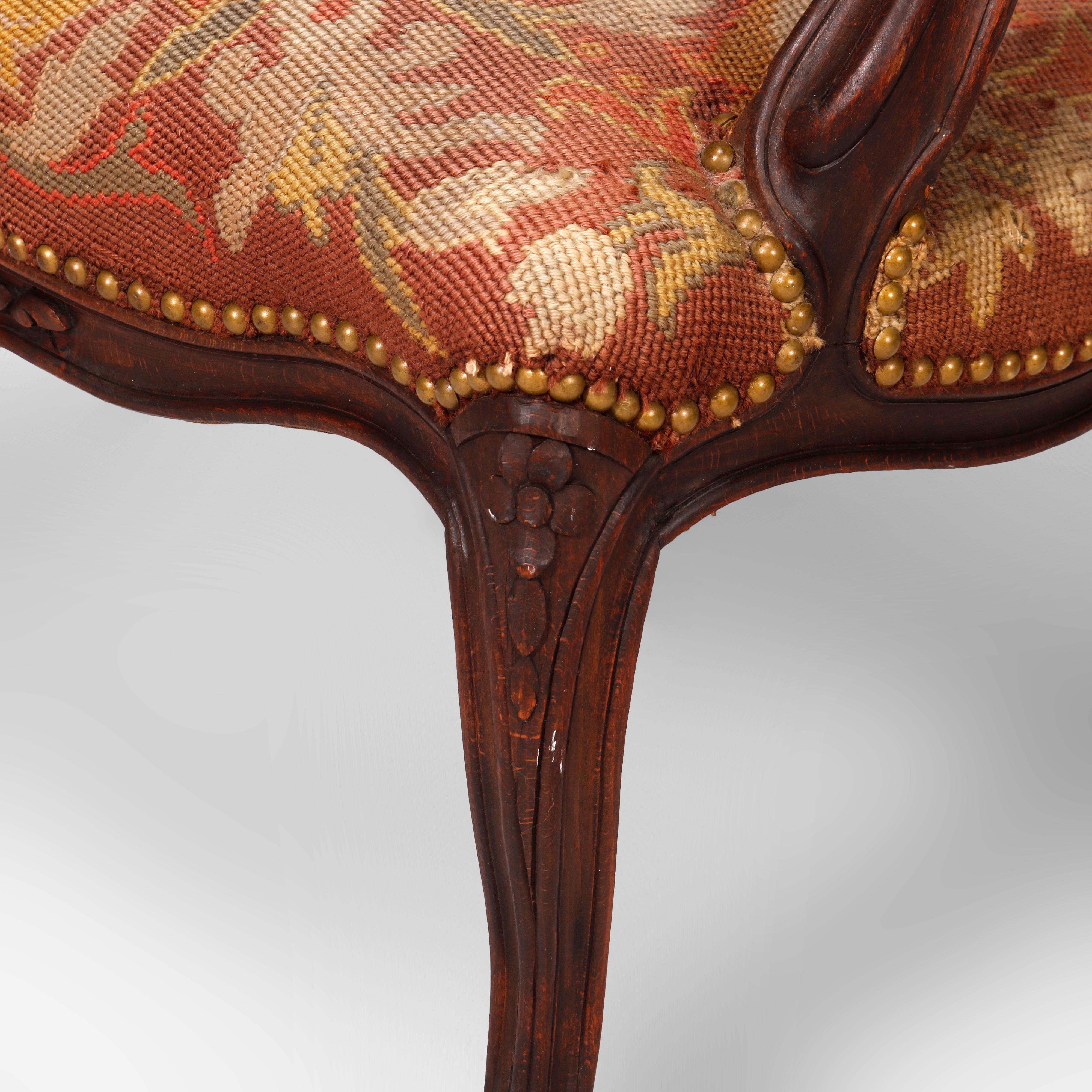 Antique French Louis XV Style Carved Walnut & Tapestry Arm Chair, Circa 1900 10