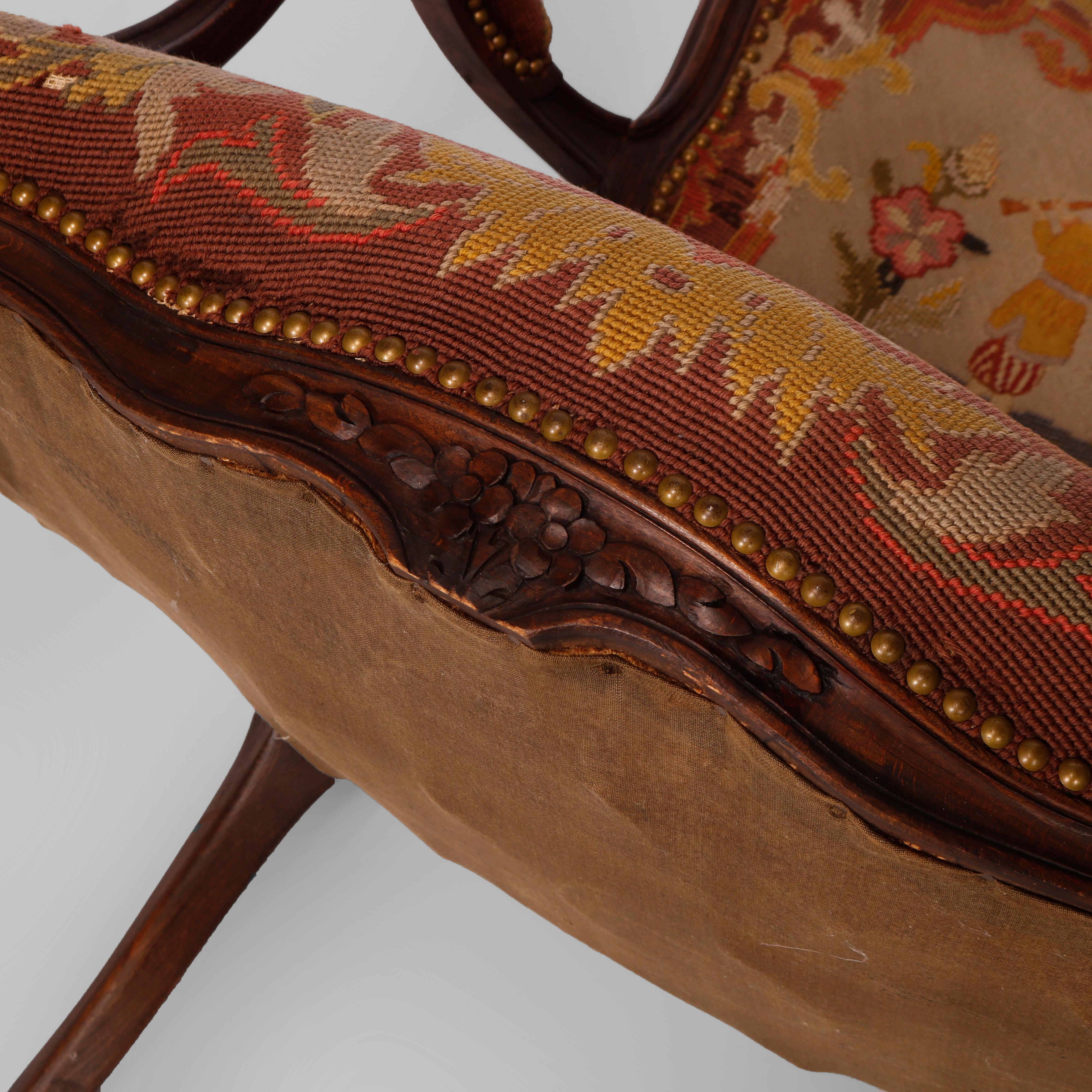 Antique French Louis XV Style Carved Walnut & Tapestry Arm Chair, Circa 1900 11