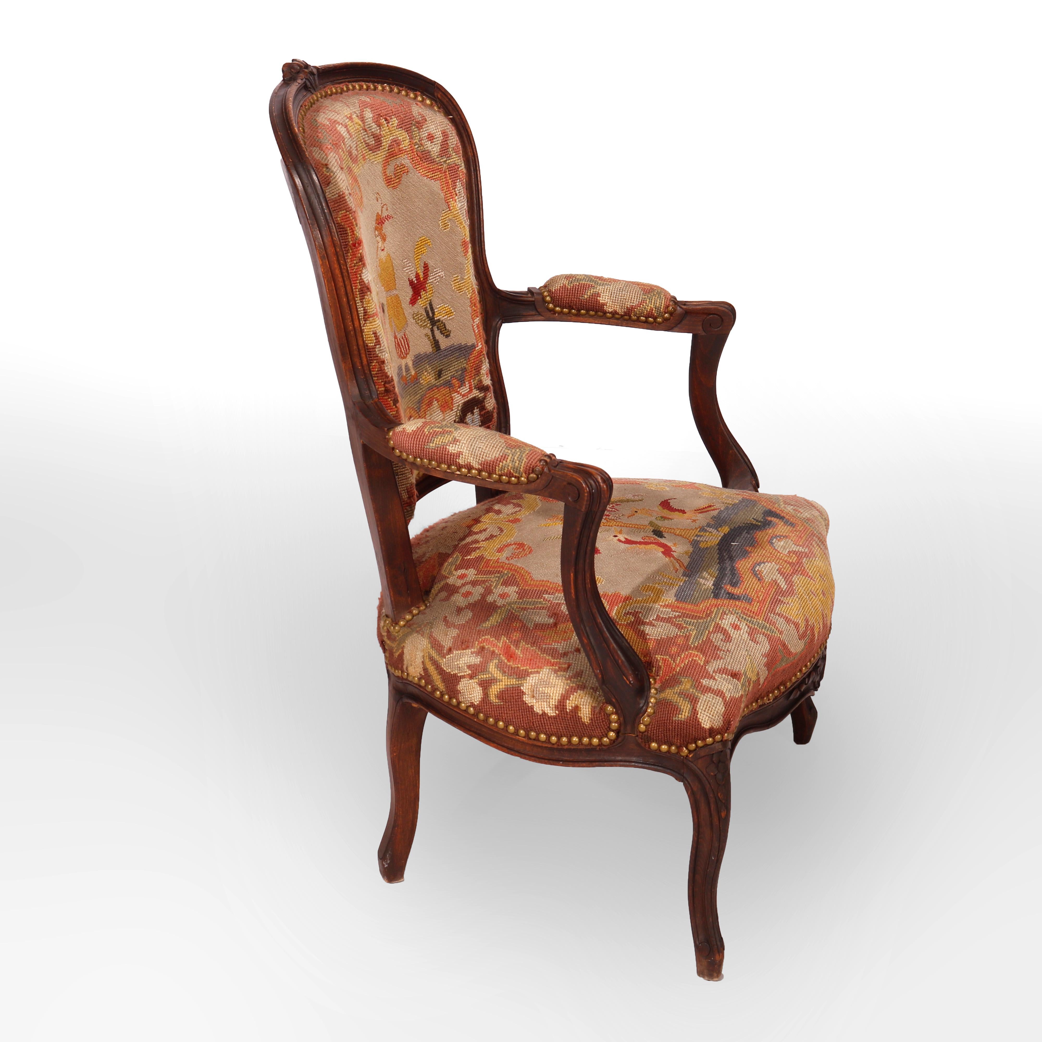 Antique French Louis XV Style Carved Walnut & Tapestry Arm Chair, Circa 1900 In Good Condition In Big Flats, NY