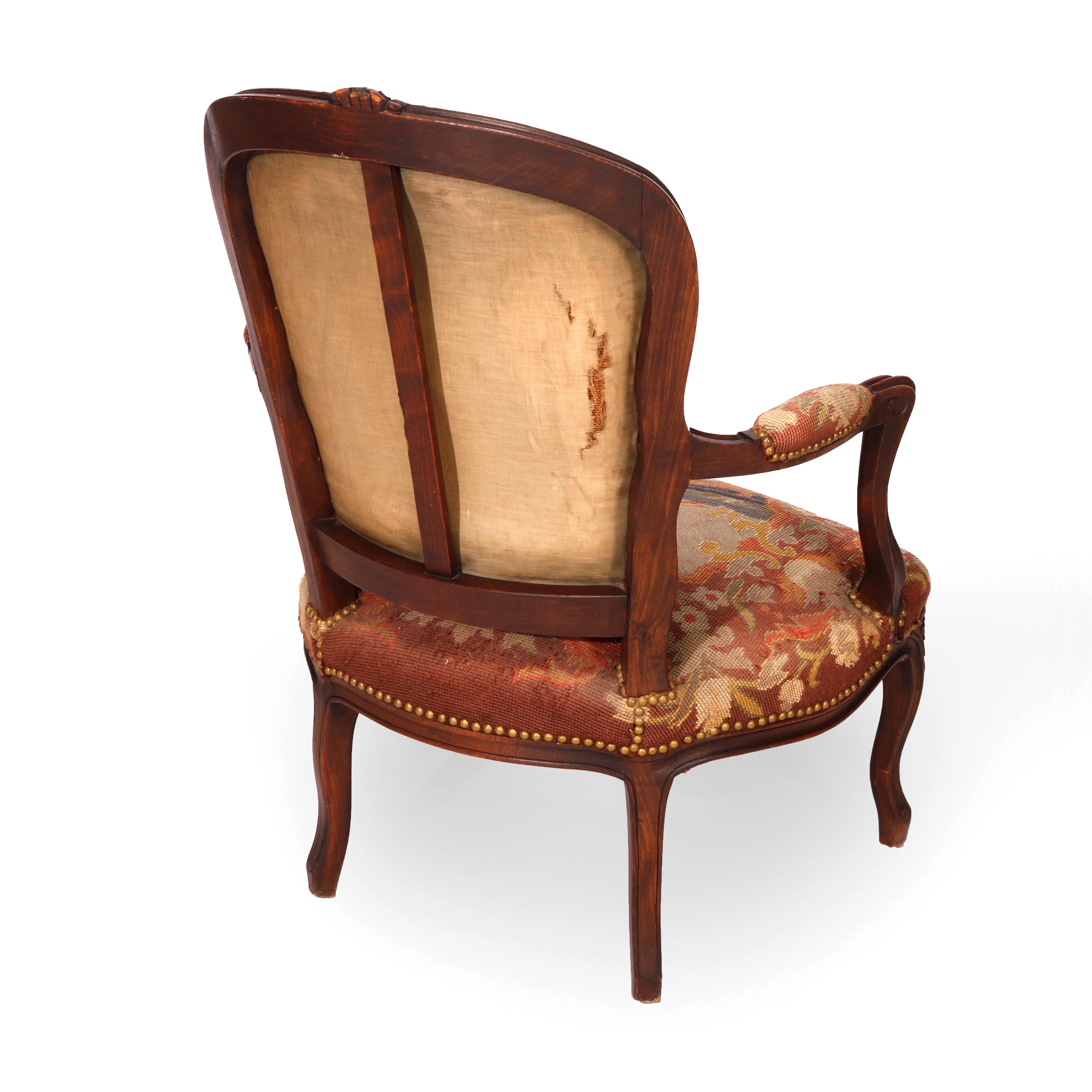 20th Century Antique French Louis XV Style Carved Walnut & Tapestry Arm Chair, Circa 1900