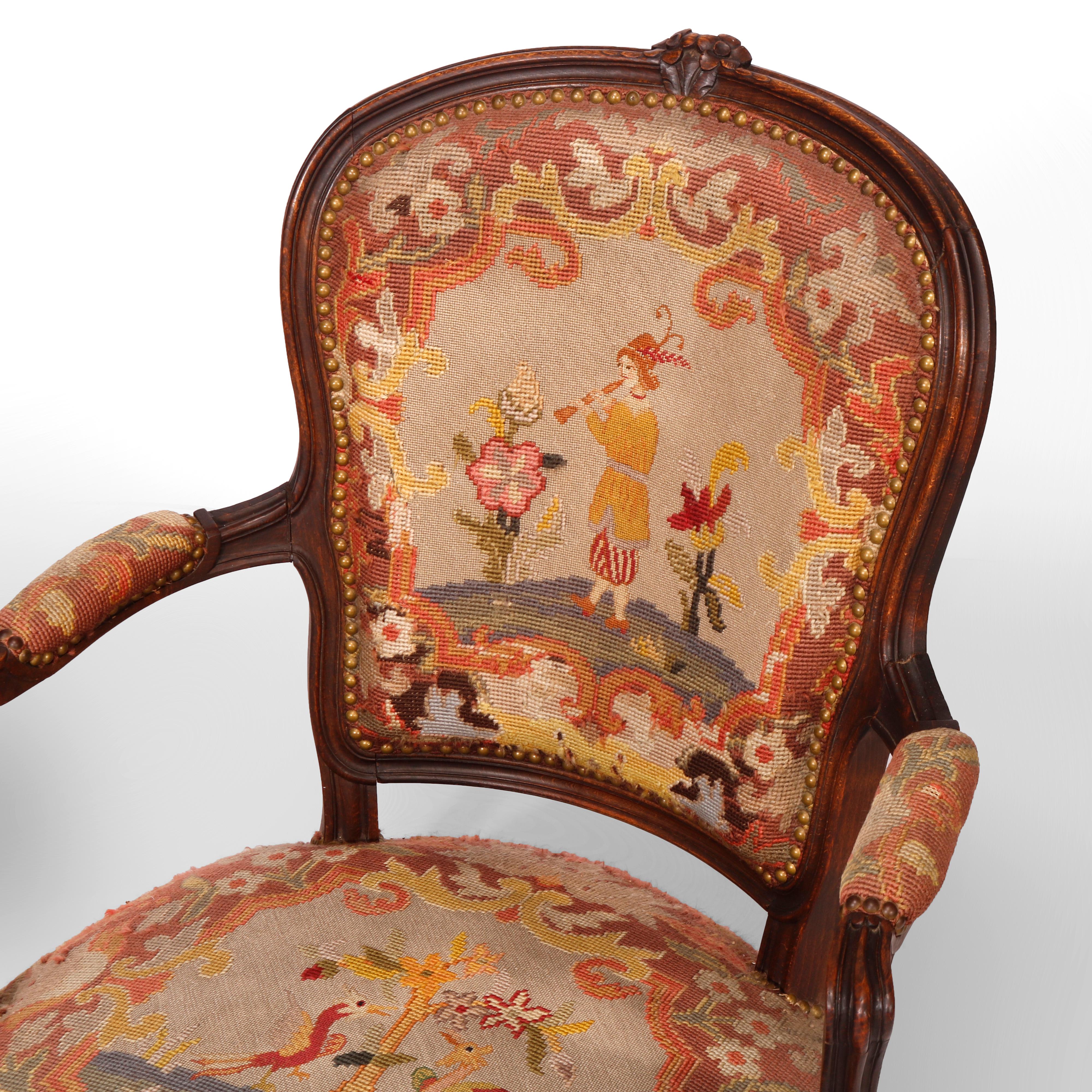 Antique French Louis XV Style Carved Walnut & Tapestry Arm Chair, Circa 1900 1