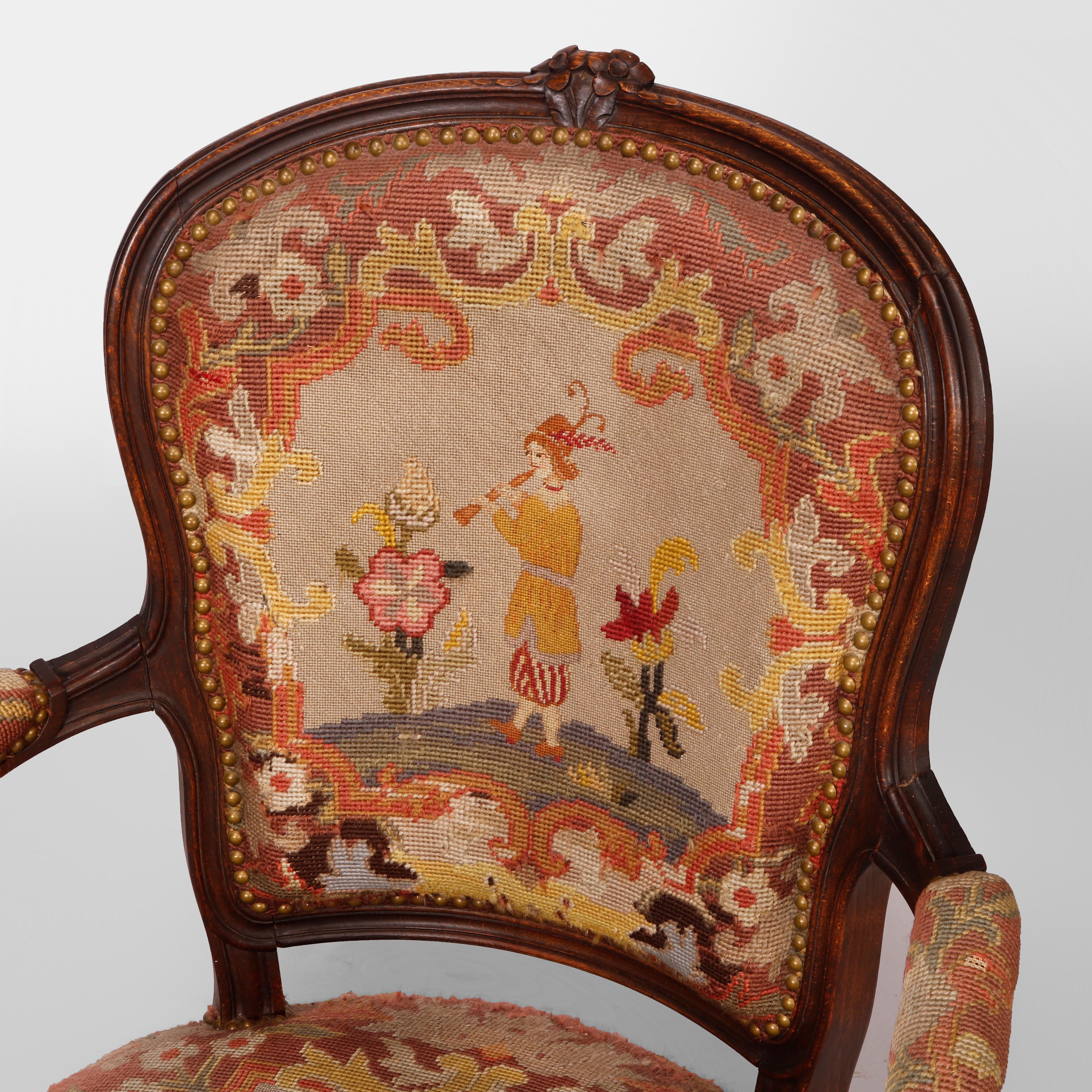 Antique French Louis XV Style Carved Walnut & Tapestry Arm Chair, Circa 1900 2