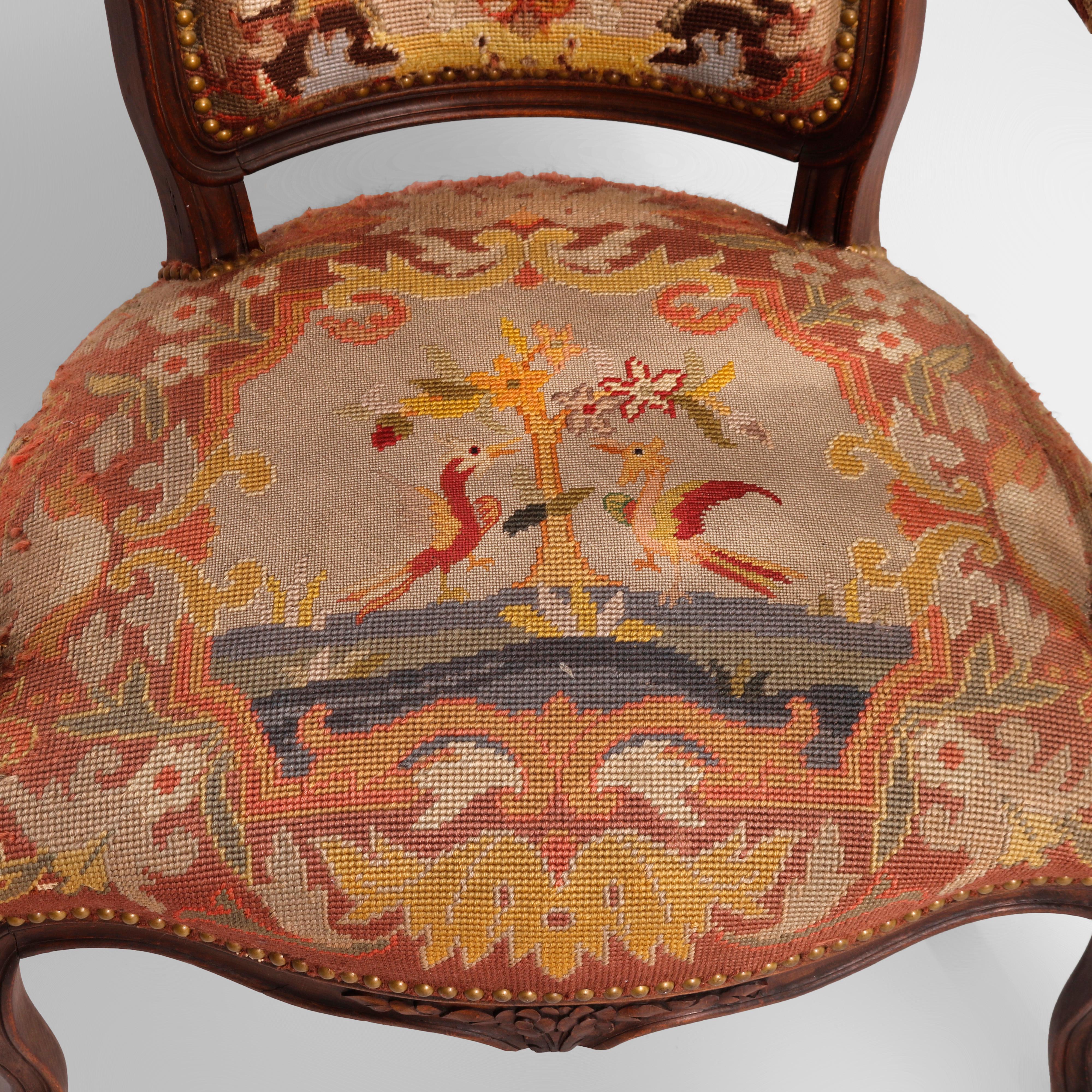 Antique French Louis XV Style Carved Walnut & Tapestry Arm Chair, Circa 1900 4