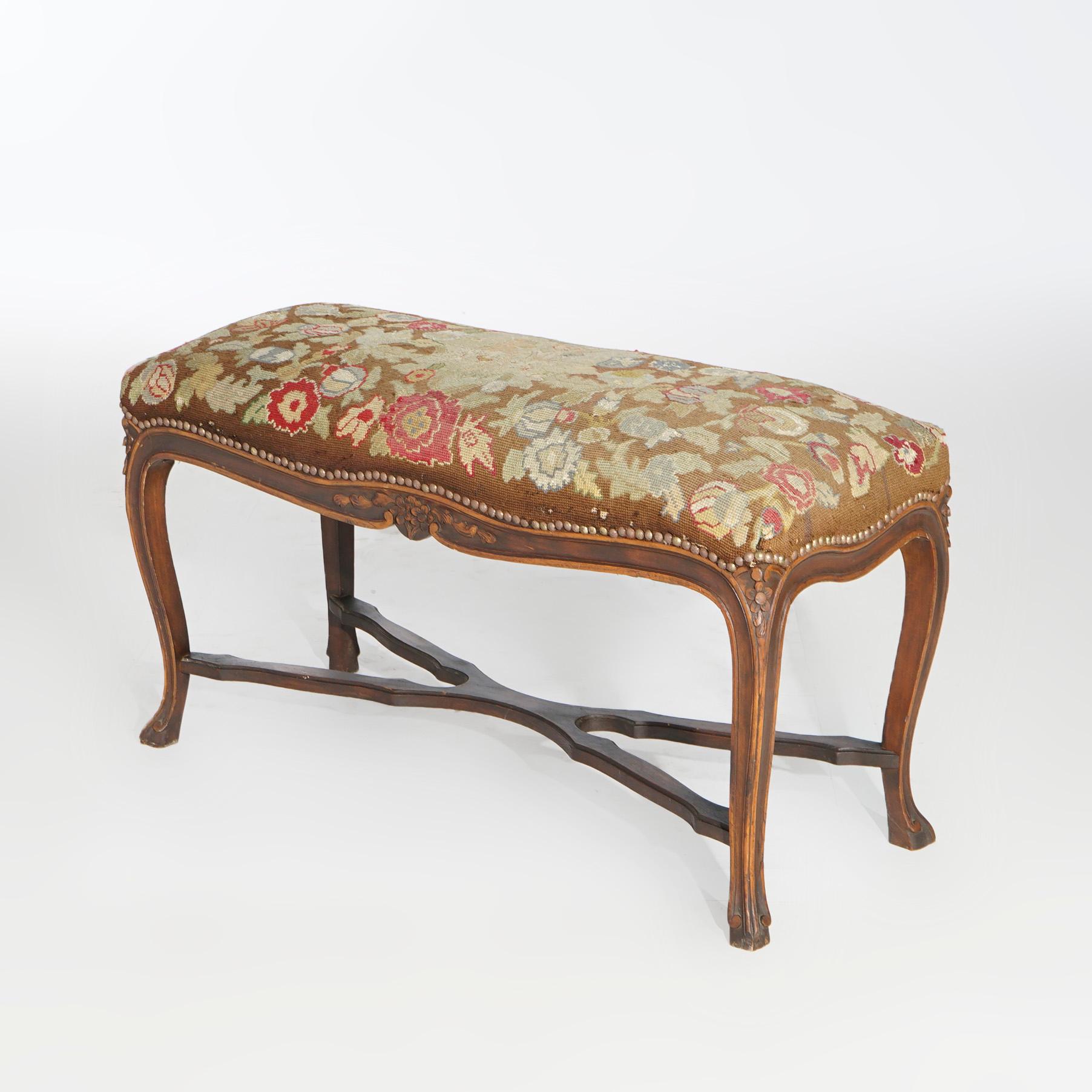 Antique French Louis XV Style Carved Walnut & Tapestry Long Bench, circa 1920 In Good Condition In Big Flats, NY