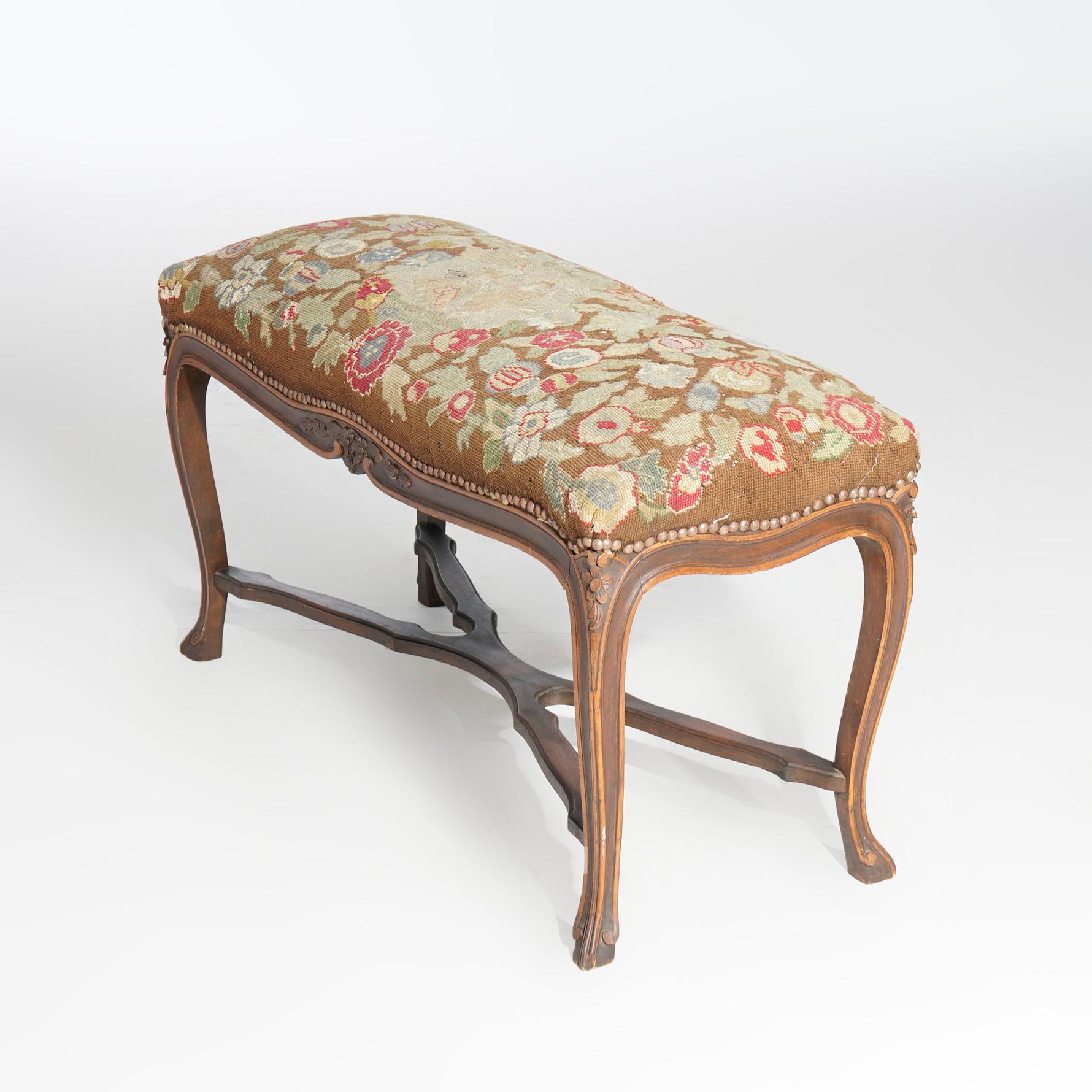 20th Century Antique French Louis XV Style Carved Walnut & Tapestry Long Bench, circa 1920