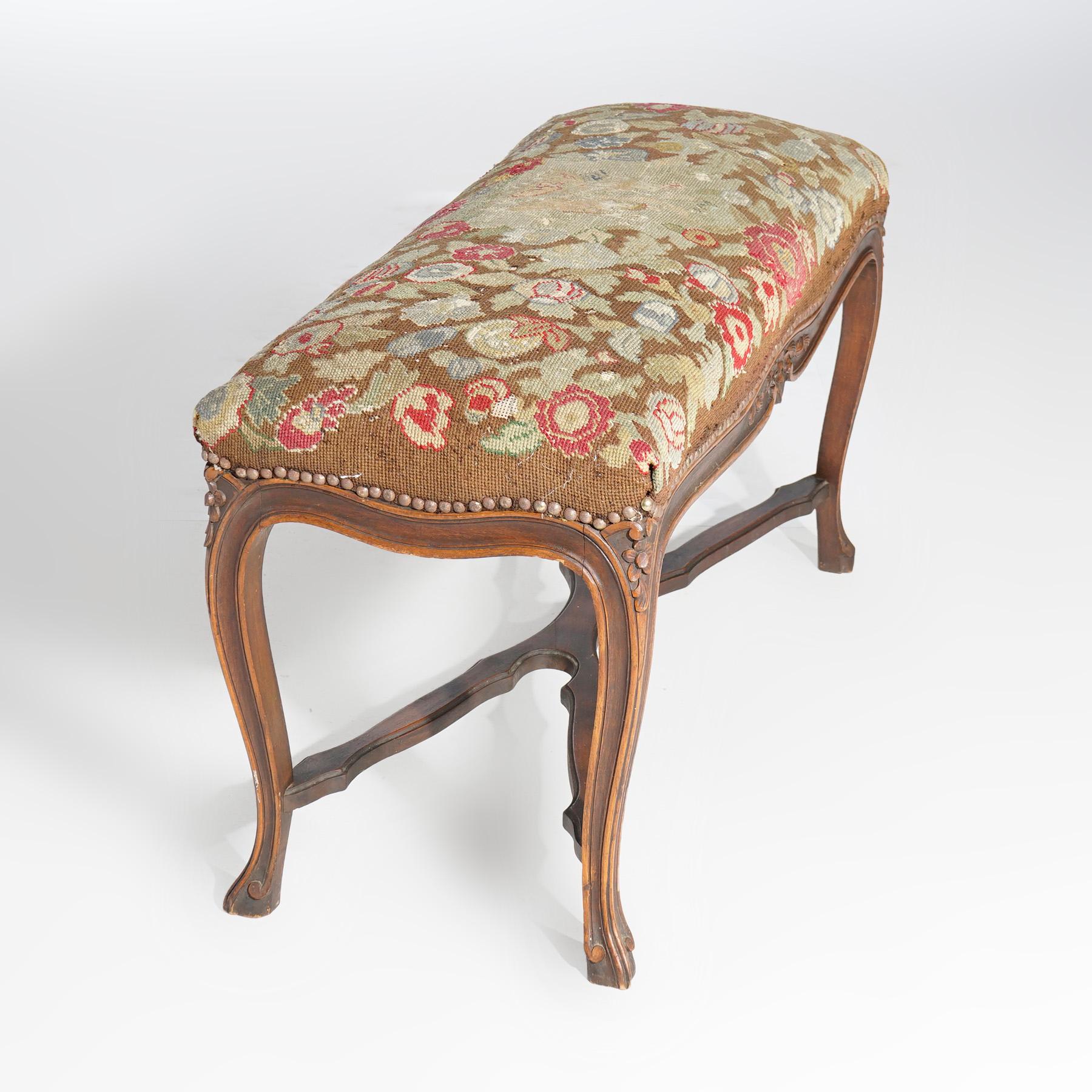 Upholstery Antique French Louis XV Style Carved Walnut & Tapestry Long Bench, circa 1920