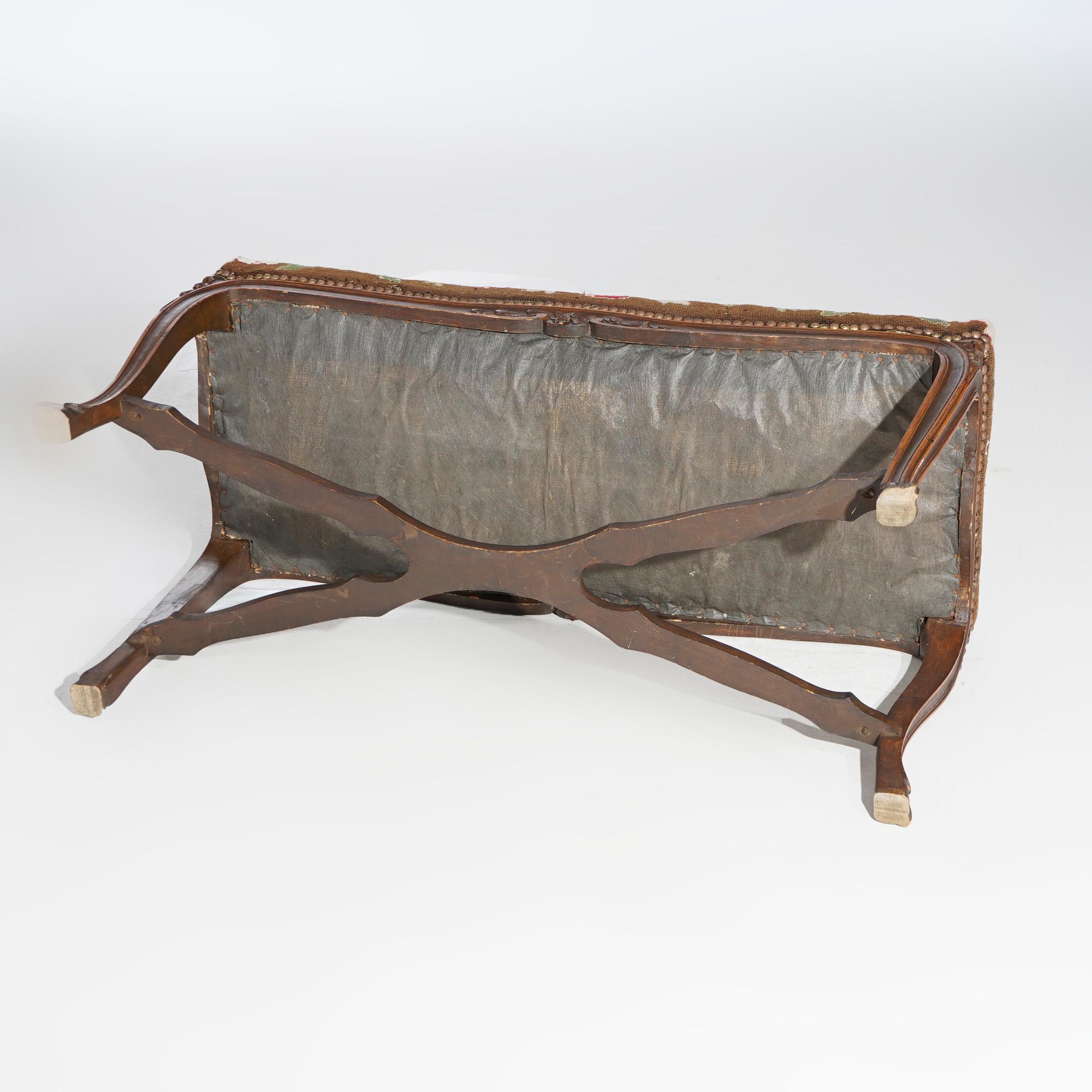 Antique French Louis XV Style Carved Walnut & Tapestry Long Bench, circa 1920 3
