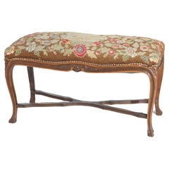 Antique French Louis XV Style Carved Walnut & Tapestry Long Bench, circa 1920