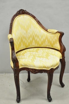 Antique French Louis XV Style Carved Walnut Yellow Fabric Boudoir Lounge Chair