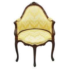 Antique French Louis XV Style Carved Walnut Yellow Fabric Boudoir Lounge Chair