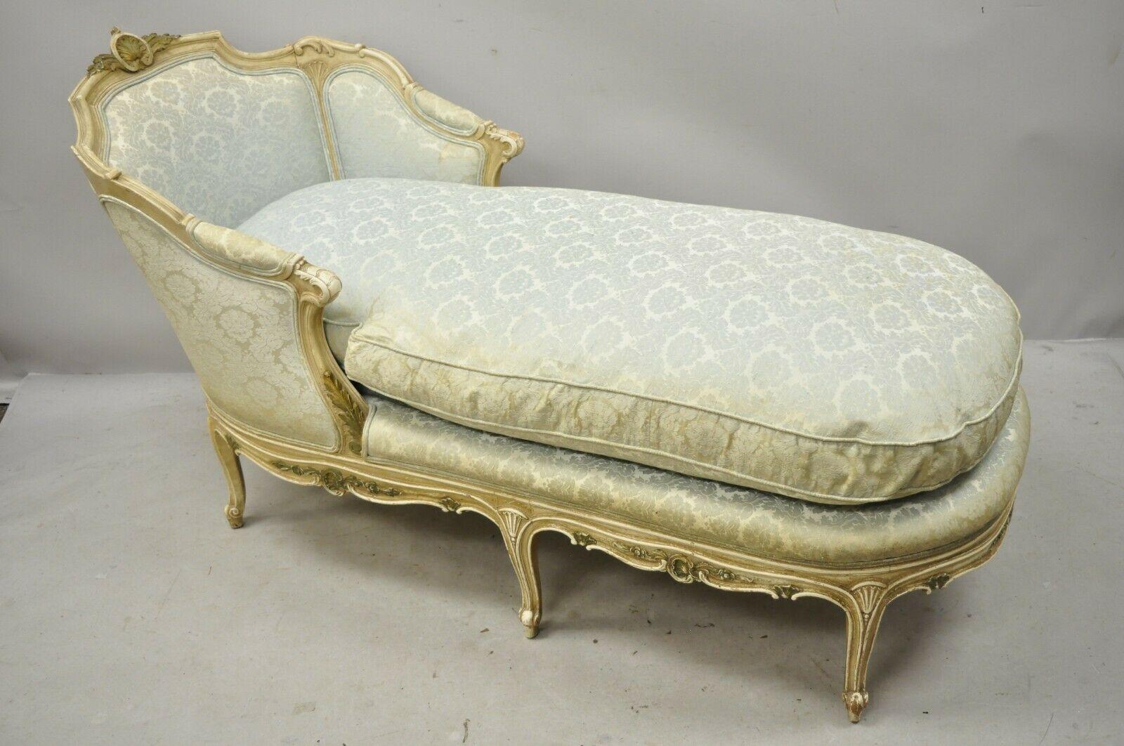 Antique French Louis XV Style Cream Distress Painted Recamier Chaise Lounge Sofa 5