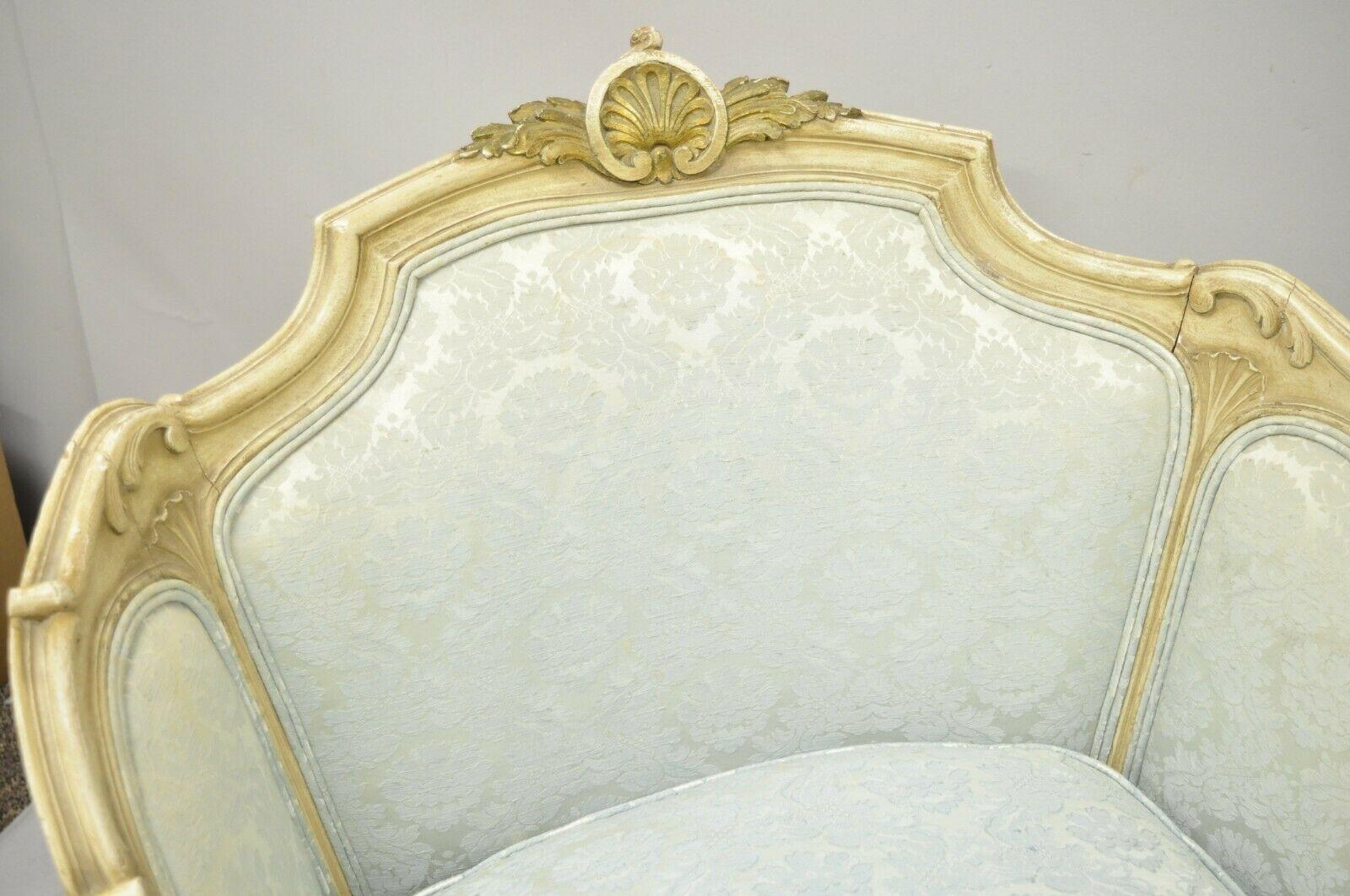 Antique French Louis XV style cream distress painted Recamier chaise lounge sofa. Item features cream distress painted finish, down cushion, solid wood frame, finely carved details, cabriole legs, very nice antique item, great style and form, circa