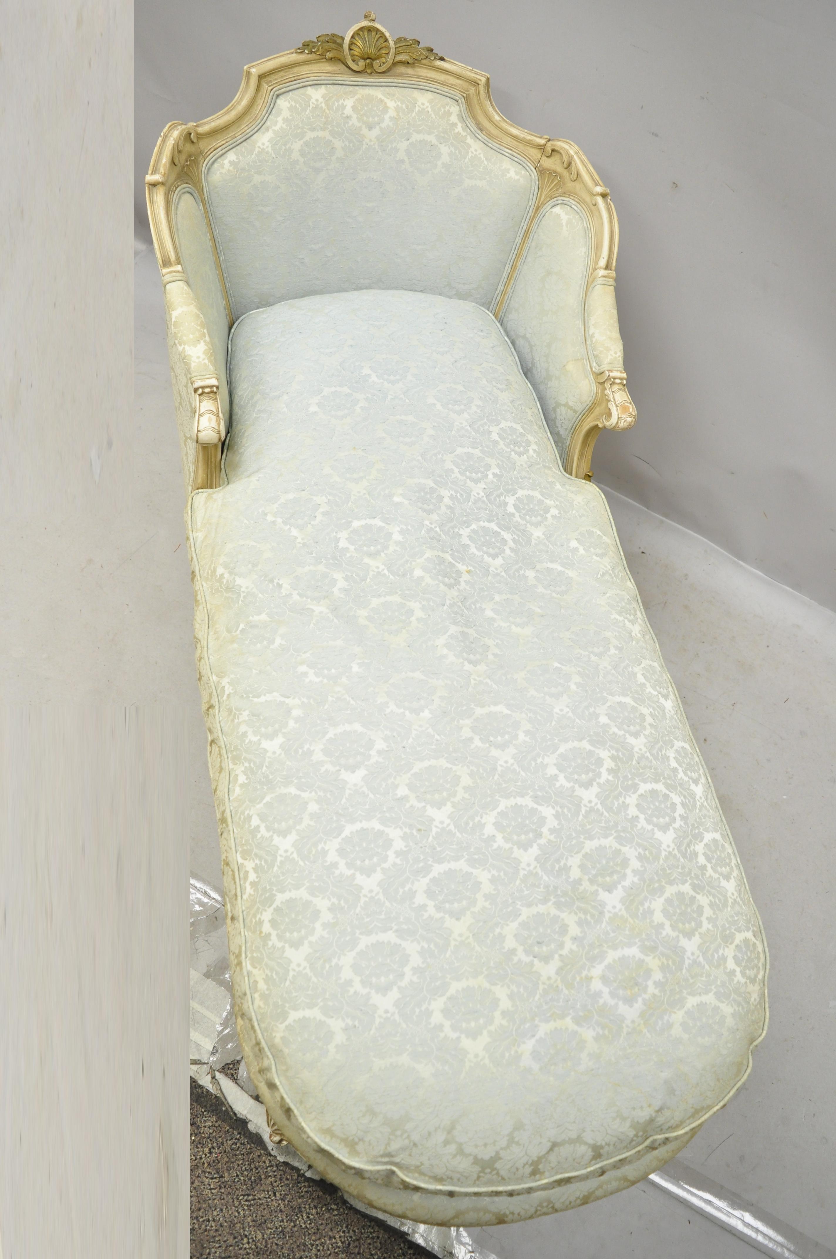 20th Century Antique French Louis XV Style Cream Distress Painted Recamier Chaise Lounge Sofa