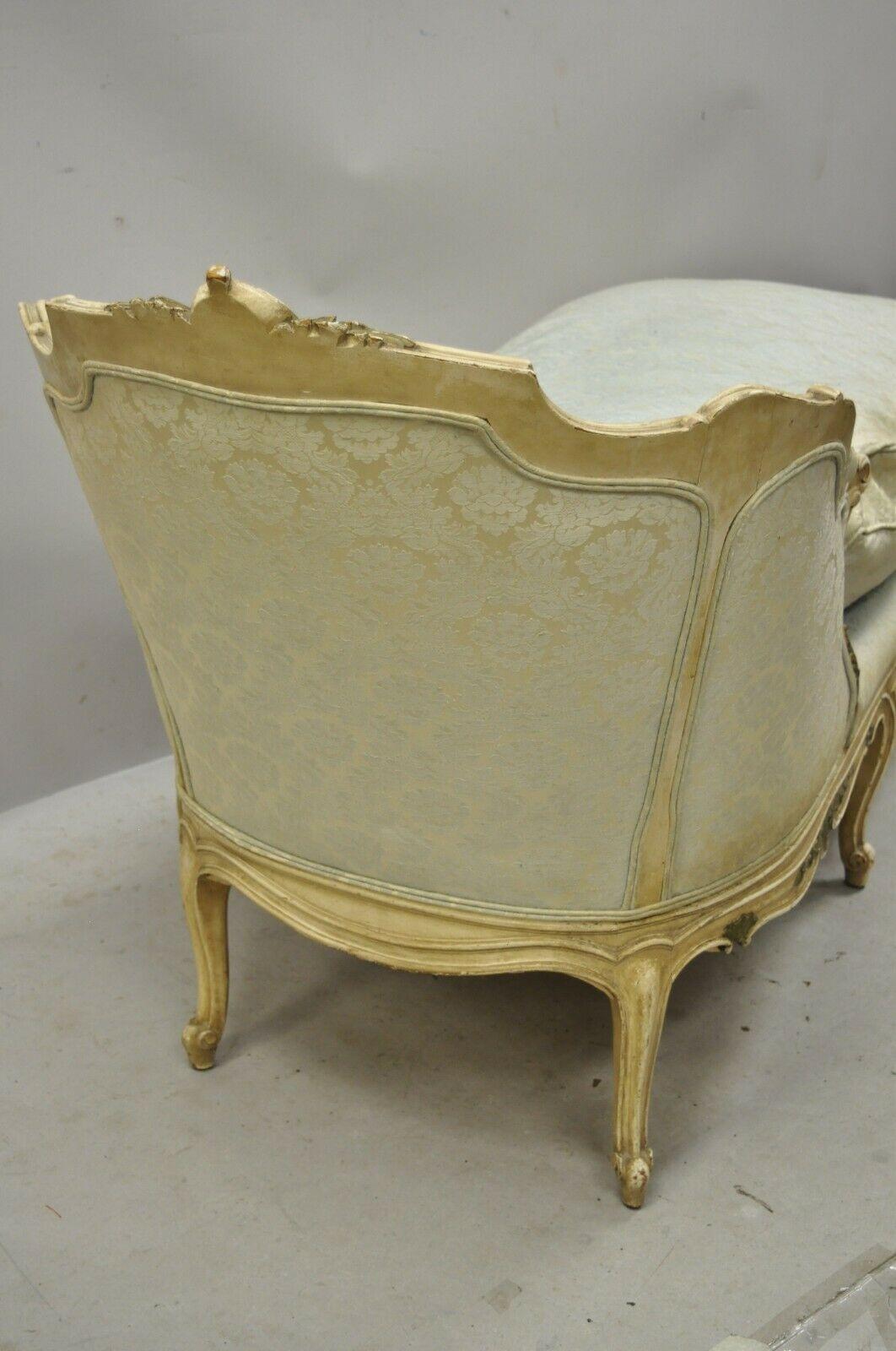 Antique French Louis XV Style Cream Distress Painted Recamier Chaise Lounge Sofa 3