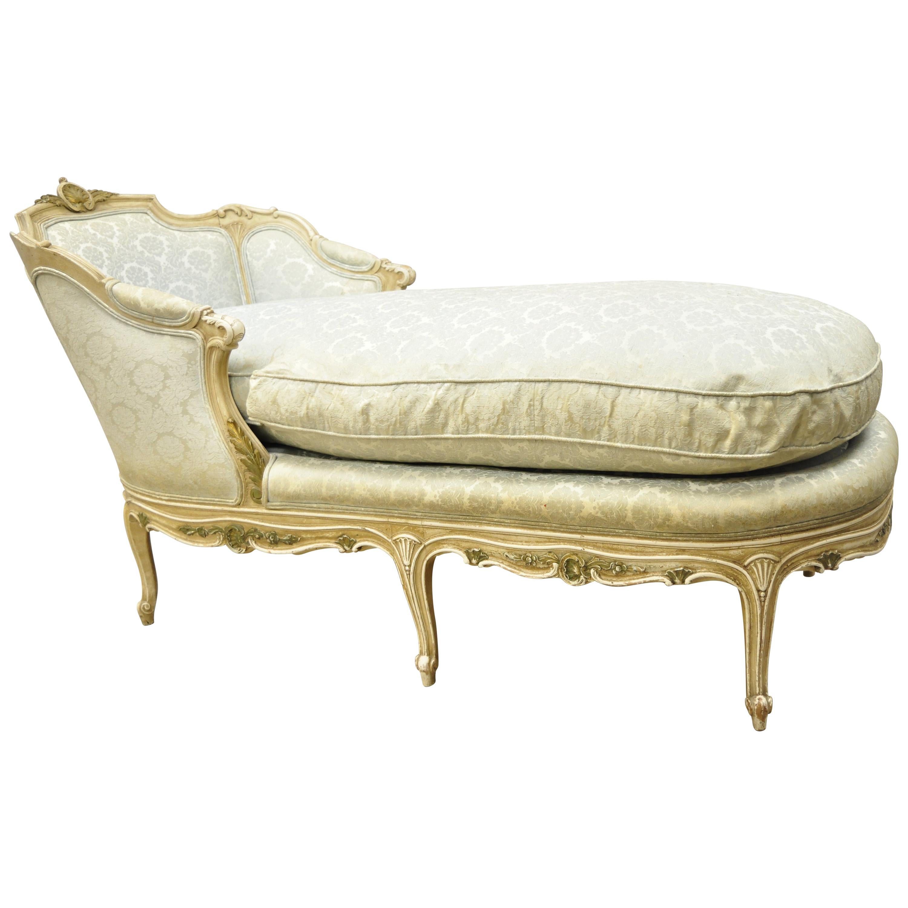 Antique French Louis XV Style Cream Distress Painted Recamier Chaise Lounge Sofa