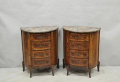 Antique French Louis XV Style Demilune Marble Top 4 Drawer Nightstand Table Pair