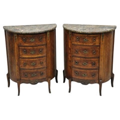 Antique French Louis XV Style Demilune Marble Top 4 Drawer Nightstand Table Pair