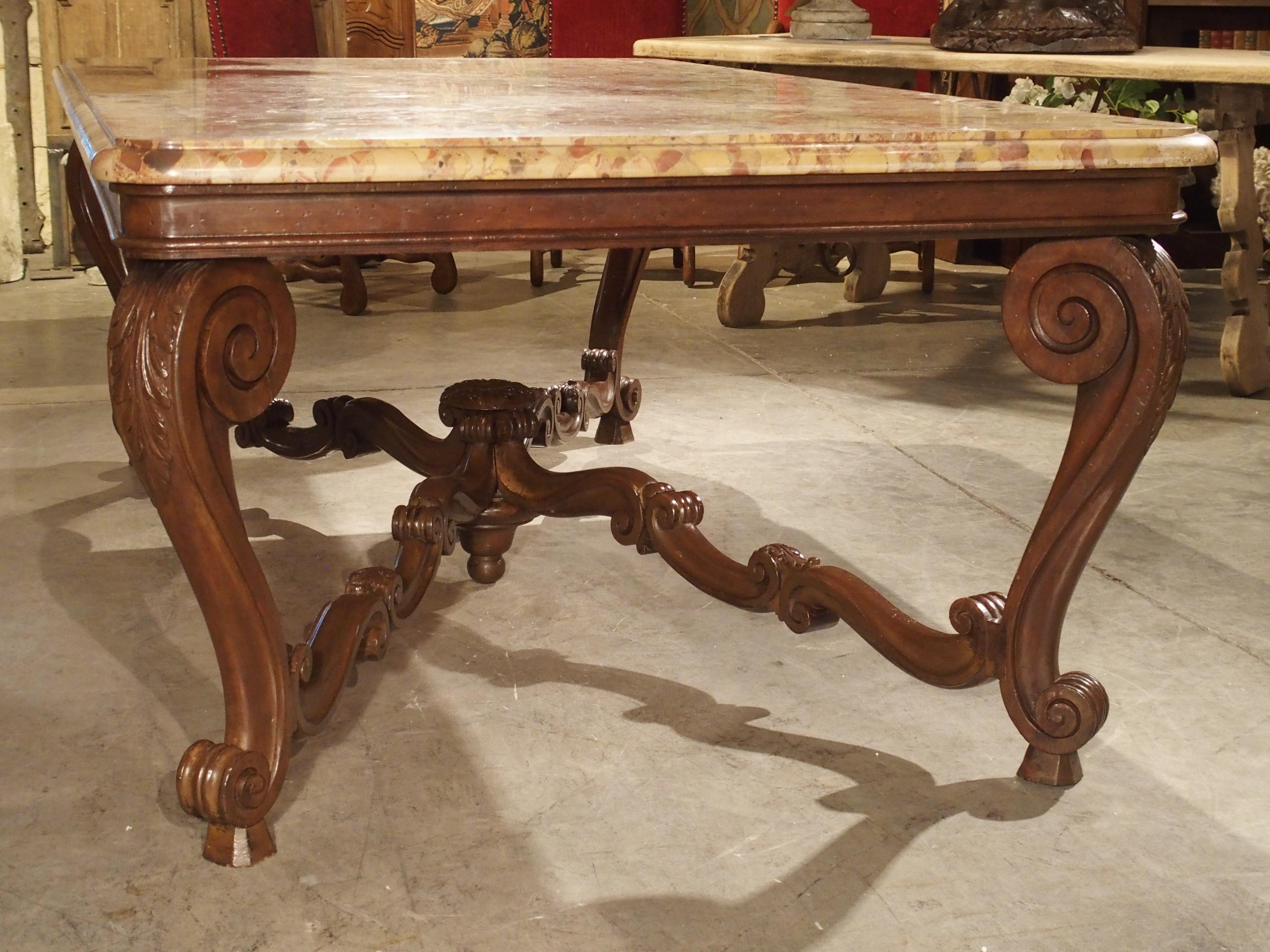 Antique French Louis XV Style Dining Table with Breche D’Alep Marble Top 5