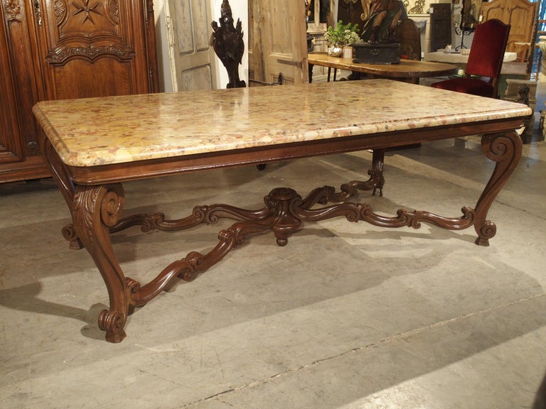 Antique French Louis XV Style Dining Table with Breche D’Alep Marble Top In Good Condition In Dallas, TX