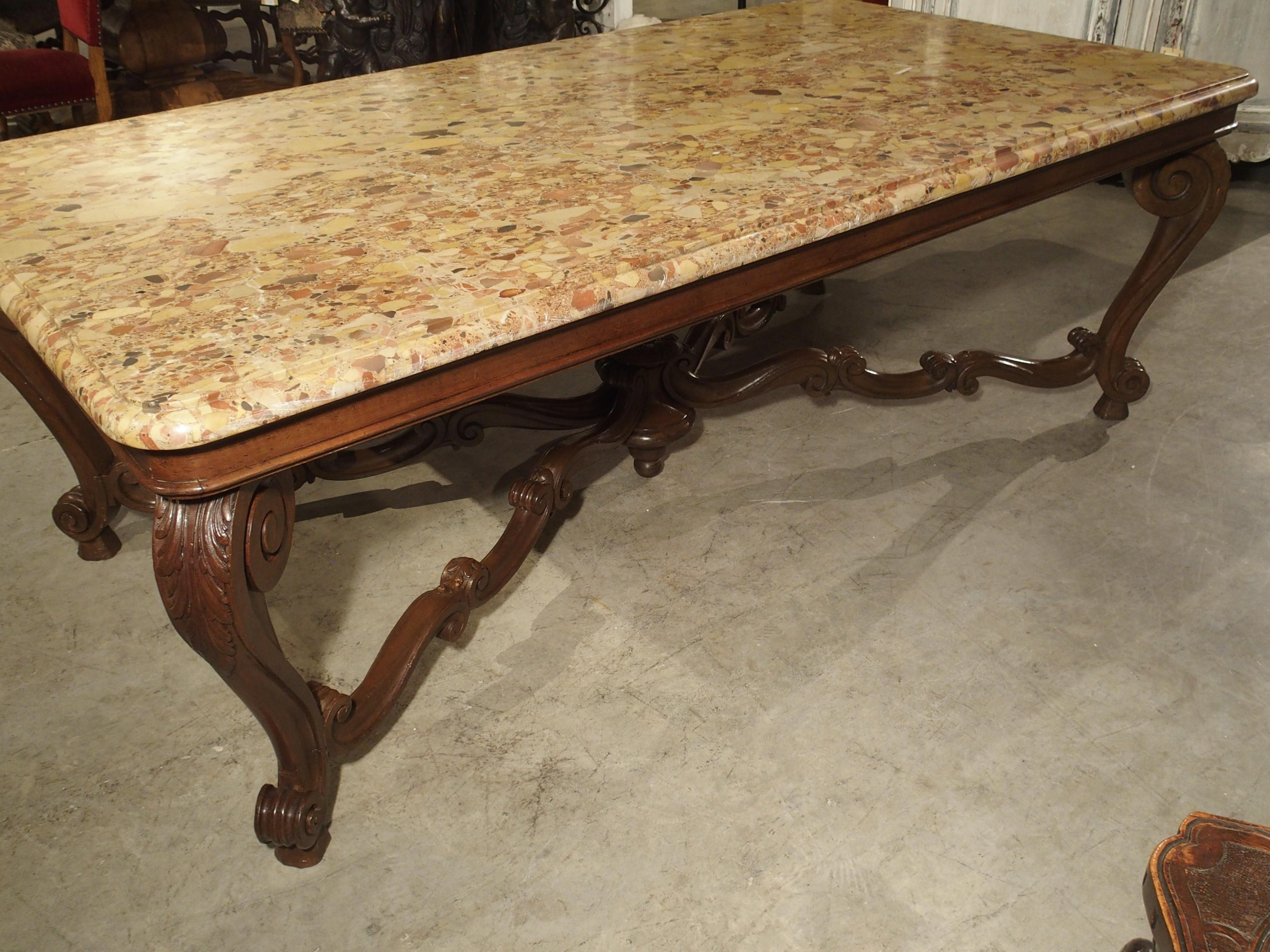 Antique French Louis XV Style Dining Table with Breche D’Alep Marble Top In Good Condition In Dallas, TX