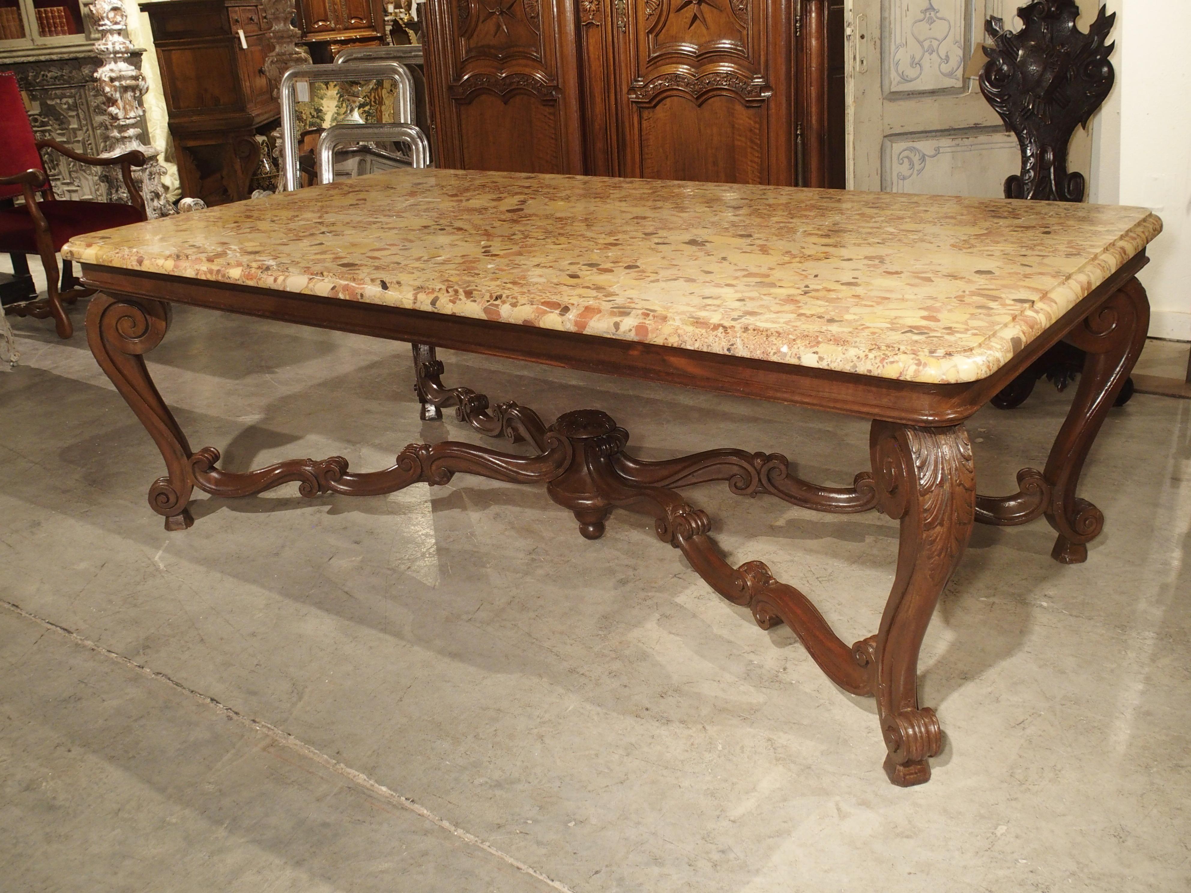 Antique French Louis XV Style Dining Table with Breche D’Alep Marble Top 1