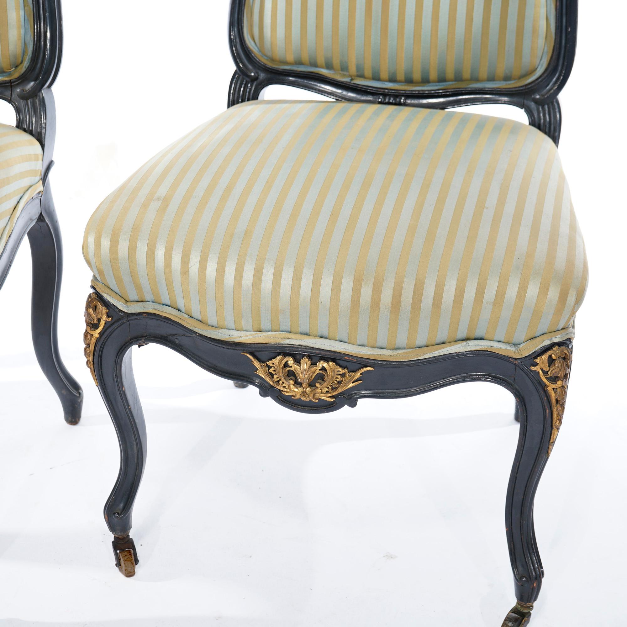 Antique French Louis XV Style Ebonized Carved Wood & Ormolu Side Chairs 20thC For Sale 5