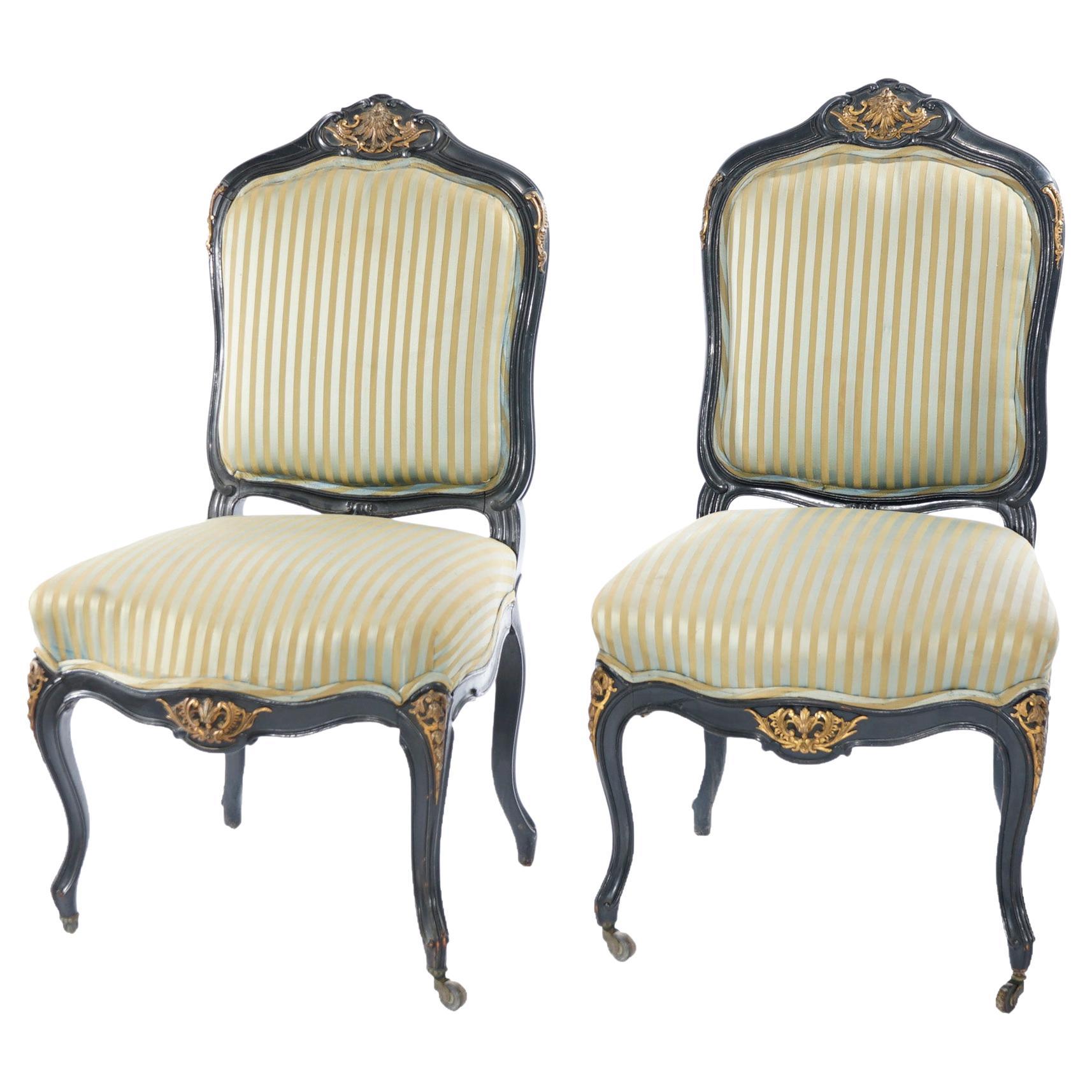 Antique French Louis XV Style Ebonized Carved Wood & Ormolu Side Chairs 20thC For Sale