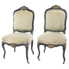 Antique French Louis XV Style Ebonized Carved Wood & Ormolu Side Chairs 20thC