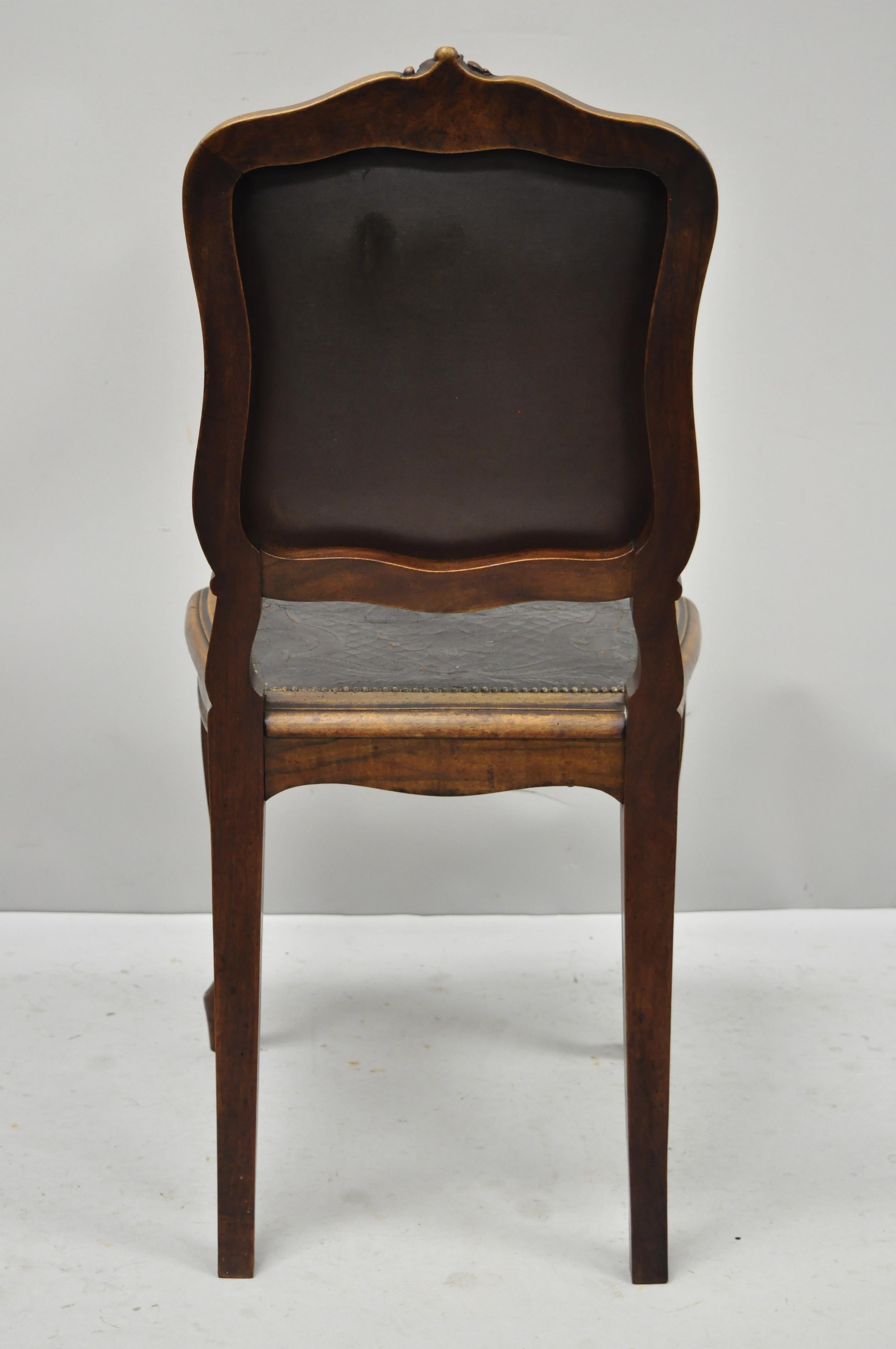 Antique French Louis XV Style Fancy Brown Embossed Leather Walnut Side Chair 'C' 4