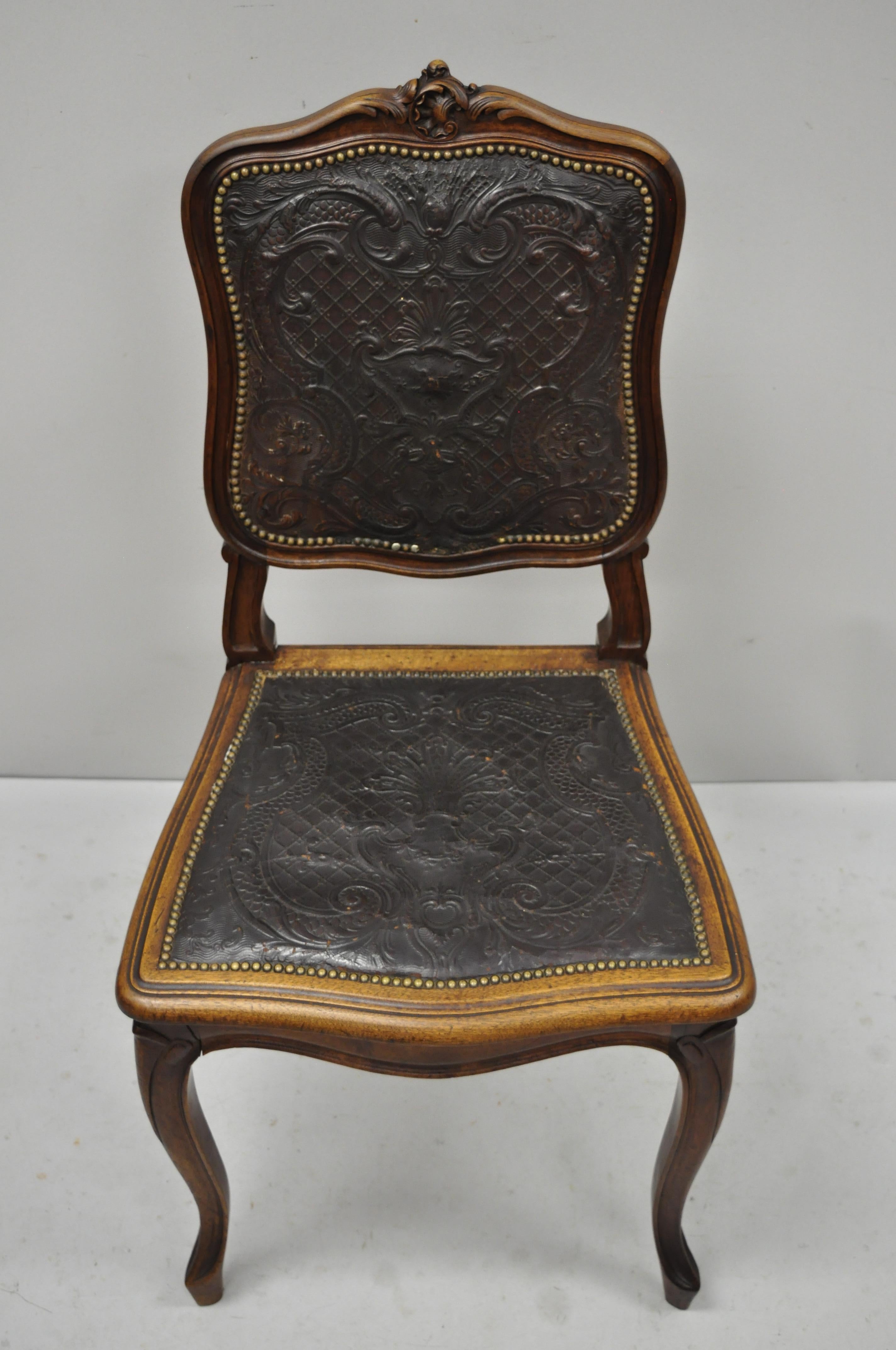 Antique French Louis XV Style Fancy Brown Embossed Leather Walnut Side Chair 'C' 6