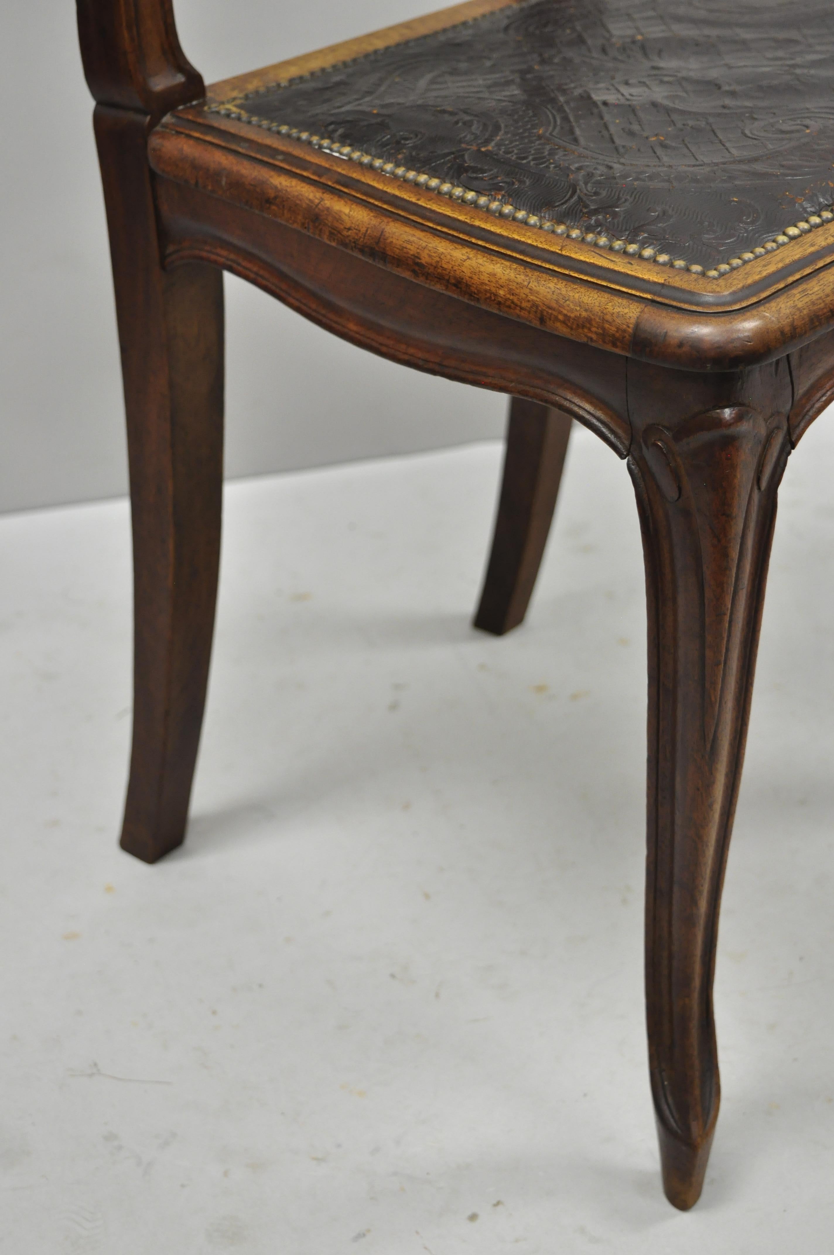 20th Century Antique French Louis XV Style Fancy Brown Embossed Leather Walnut Side Chair 'C'