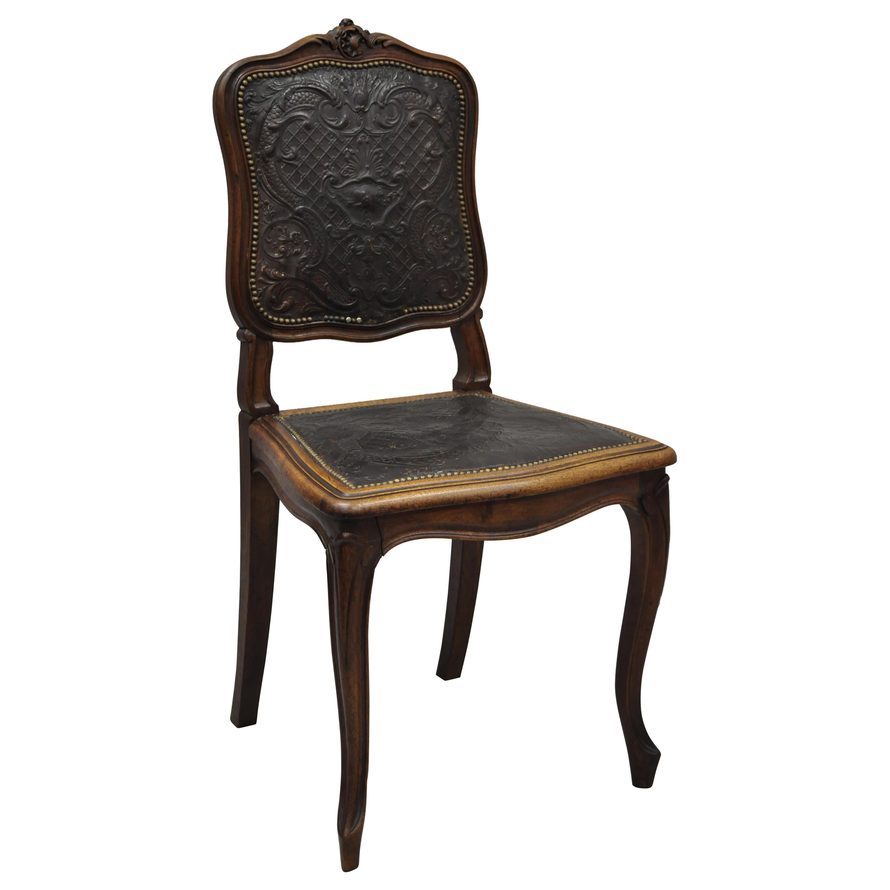 Antique French Louis XV Style Fancy Brown Embossed Leather Walnut Side Chair 'C'