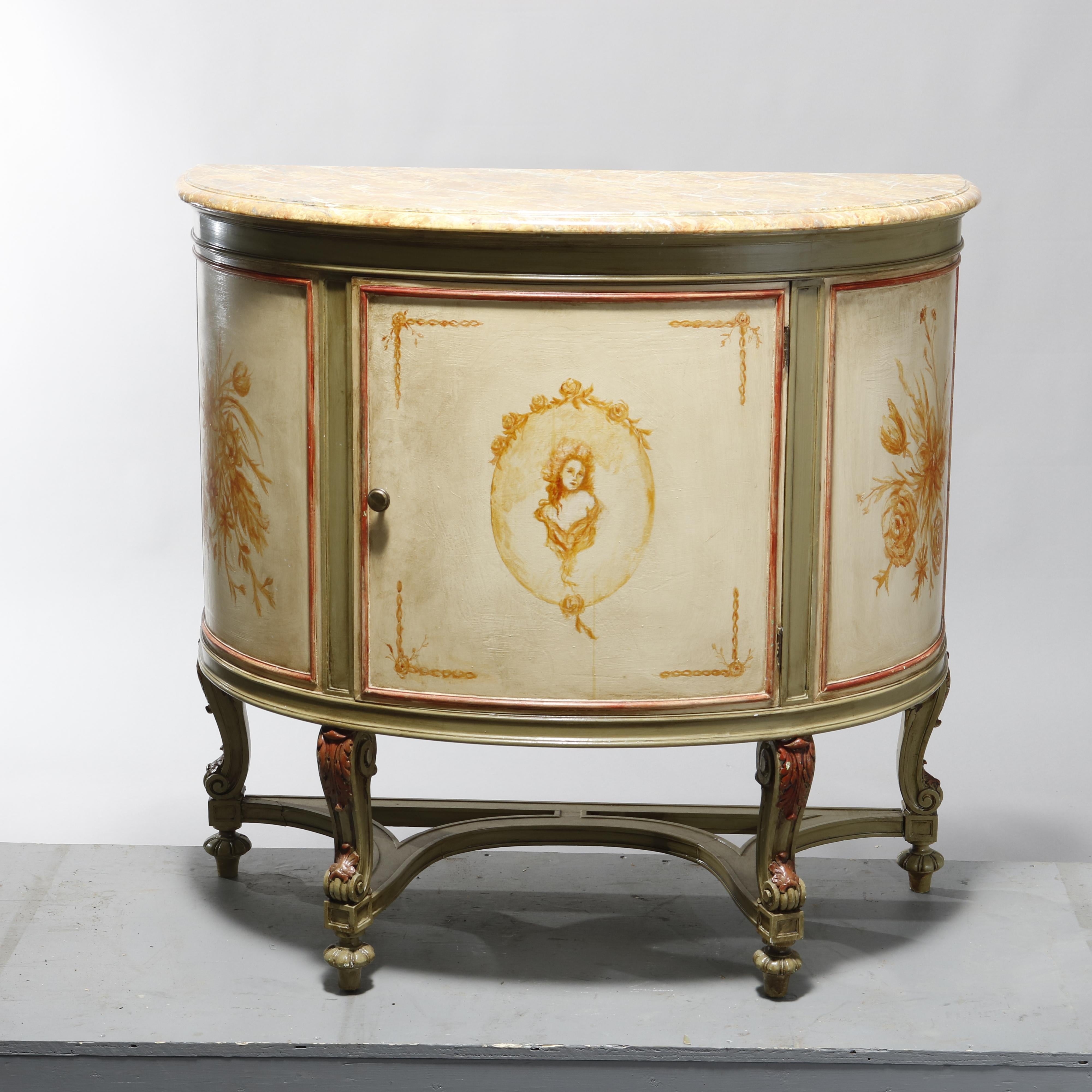 An antique French Louis XV style console cabinet offers demilune form with painted faux marble top over case with single door having cameo of a woman and opening to shelved interior, raised on scroll form legs, gilt highlights throughout, 20th