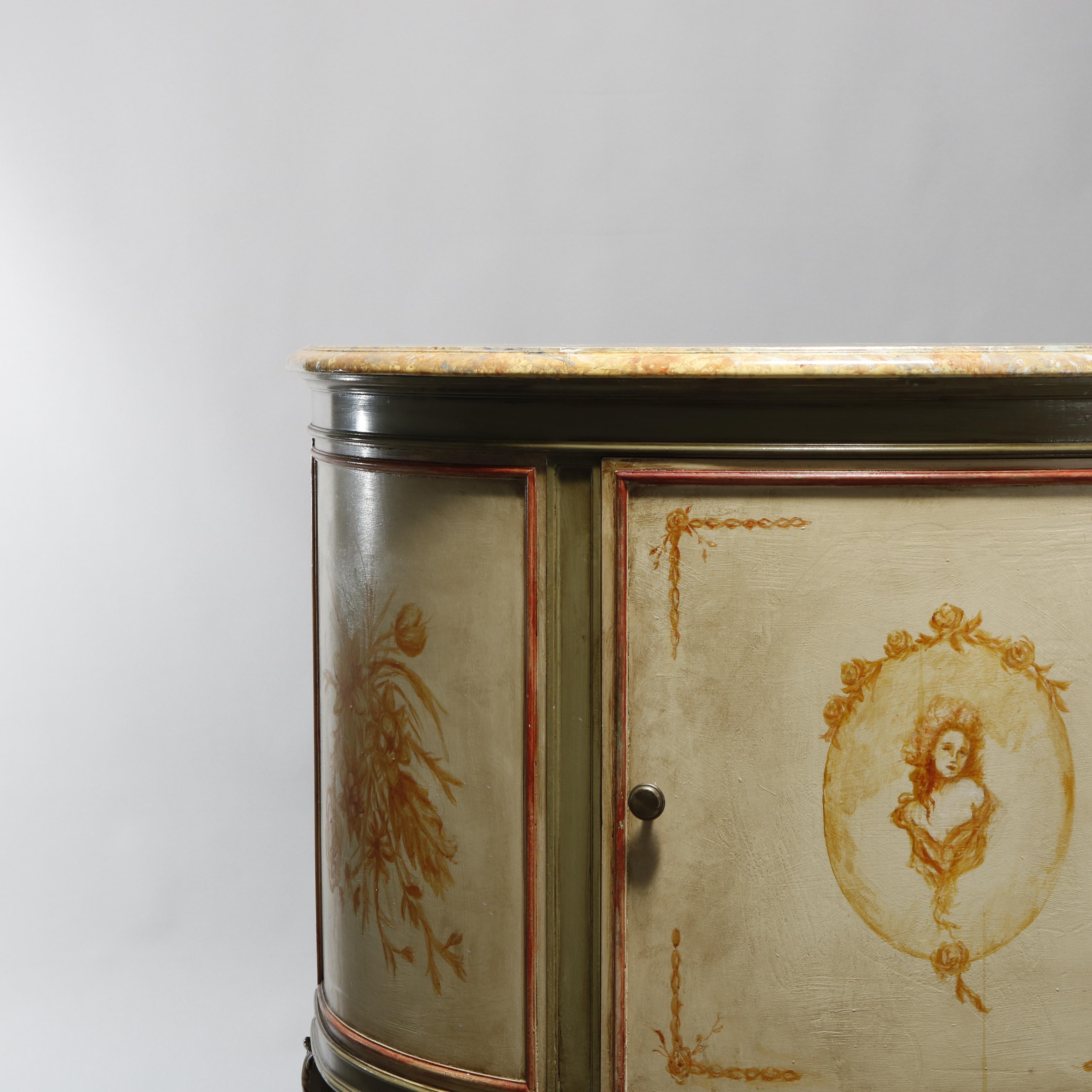 Carved Antique French Louis XV Style Faux Painted Cameo Demilune Console Table, 20th C For Sale