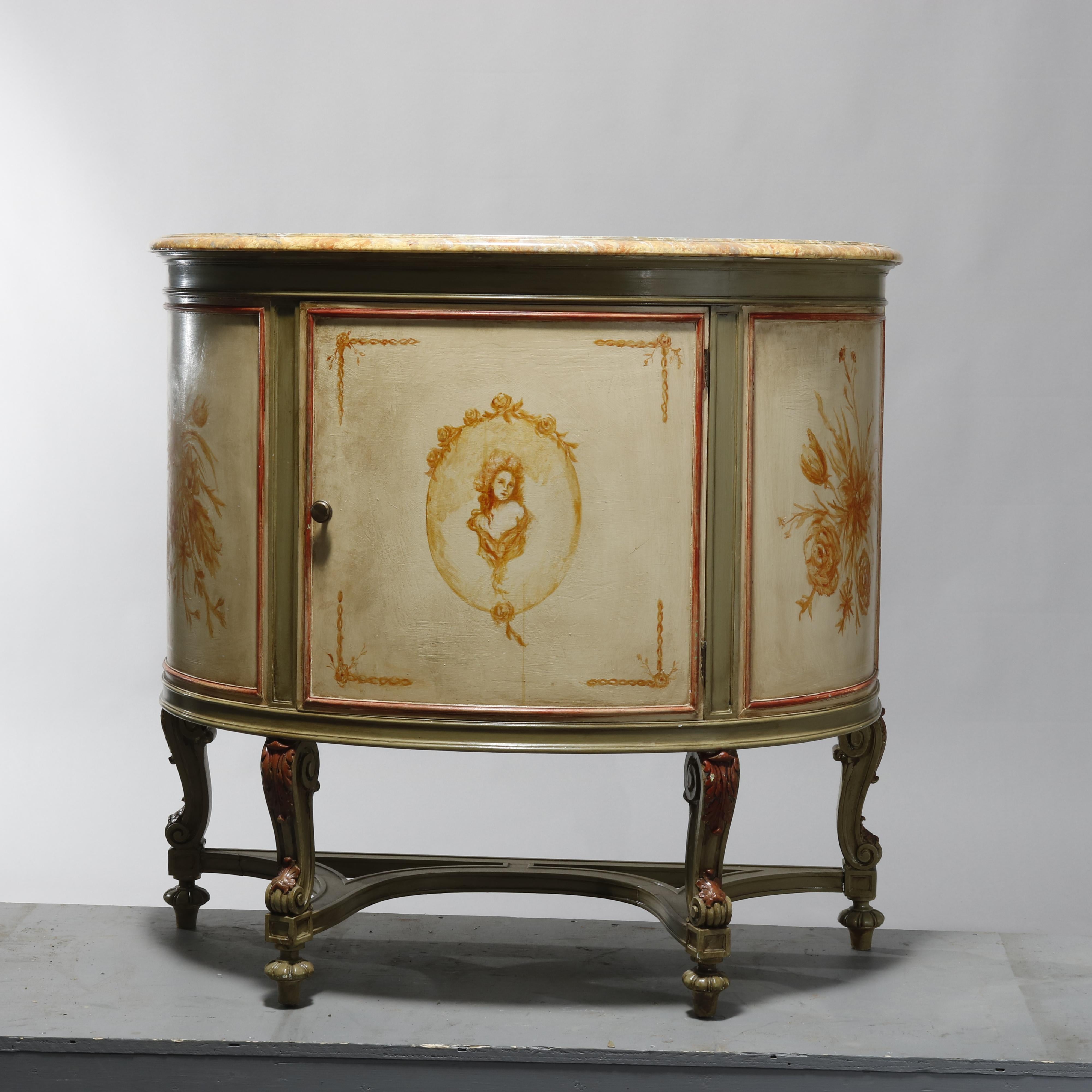 Antique French Louis XV Style Faux Painted Cameo Demilune Console Table, 20th C In Good Condition For Sale In Big Flats, NY