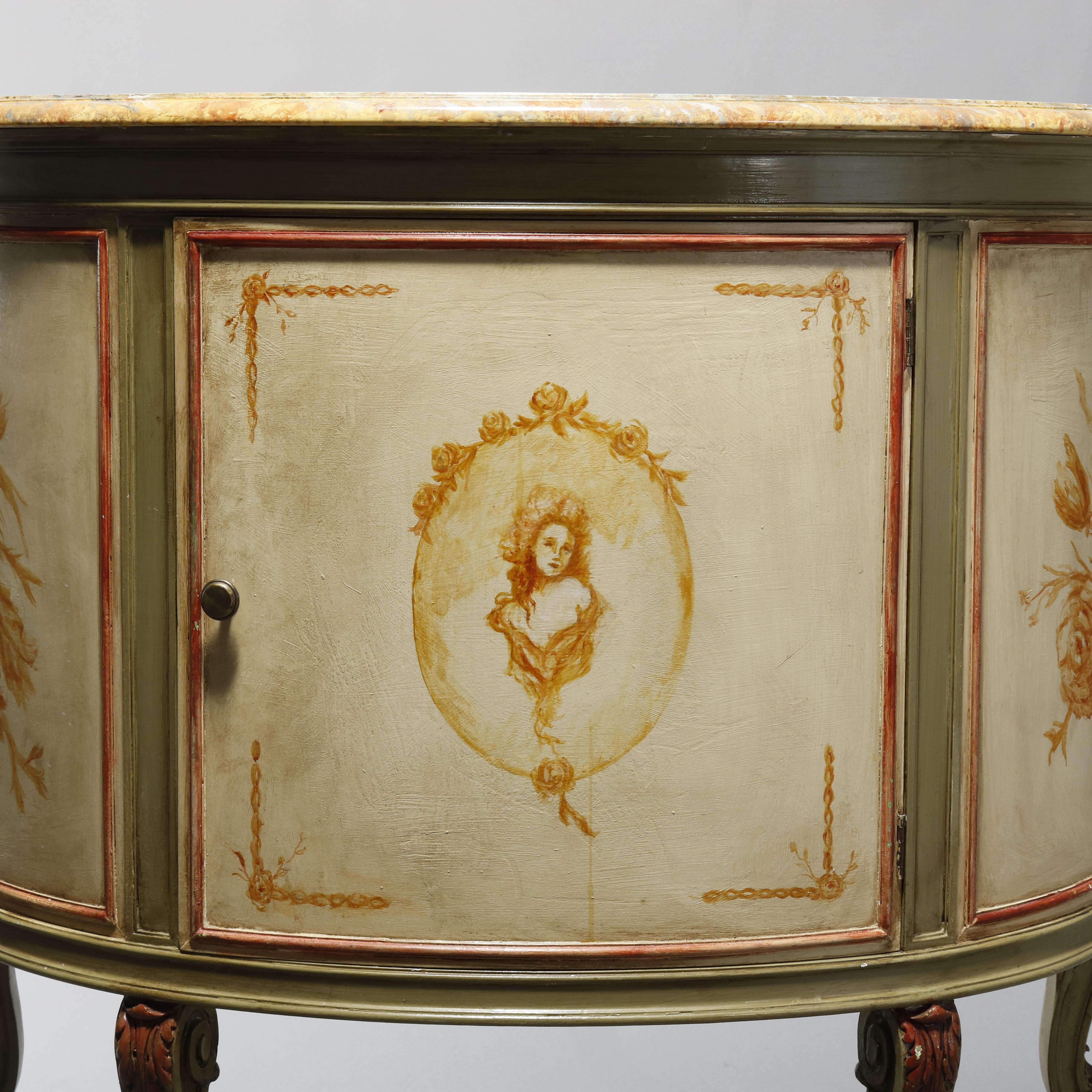 Metal Antique French Louis XV Style Faux Painted Cameo Demilune Console Table, 20th C For Sale