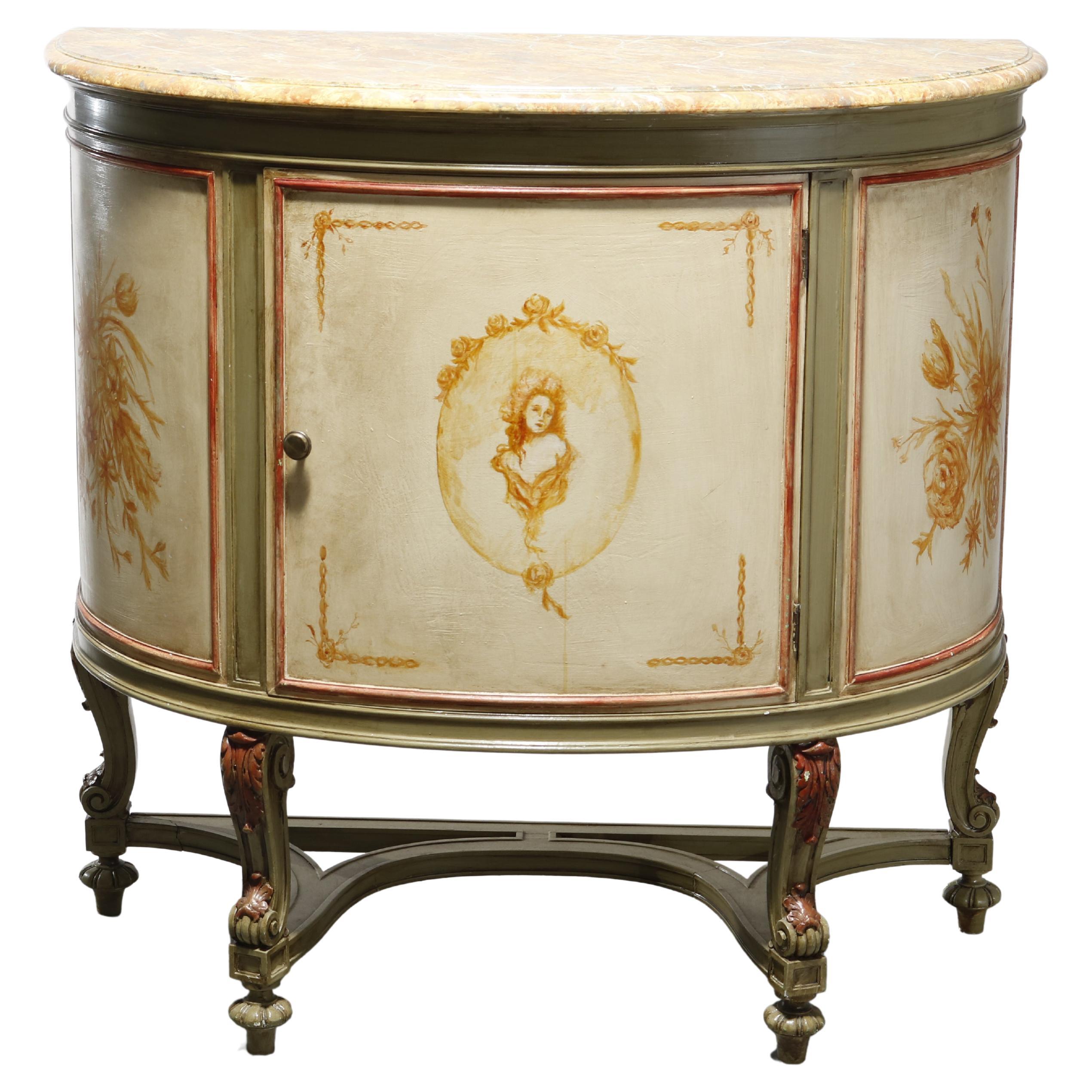 Antique French Louis XV Style Faux Painted Cameo Demilune Console Table, 20th C