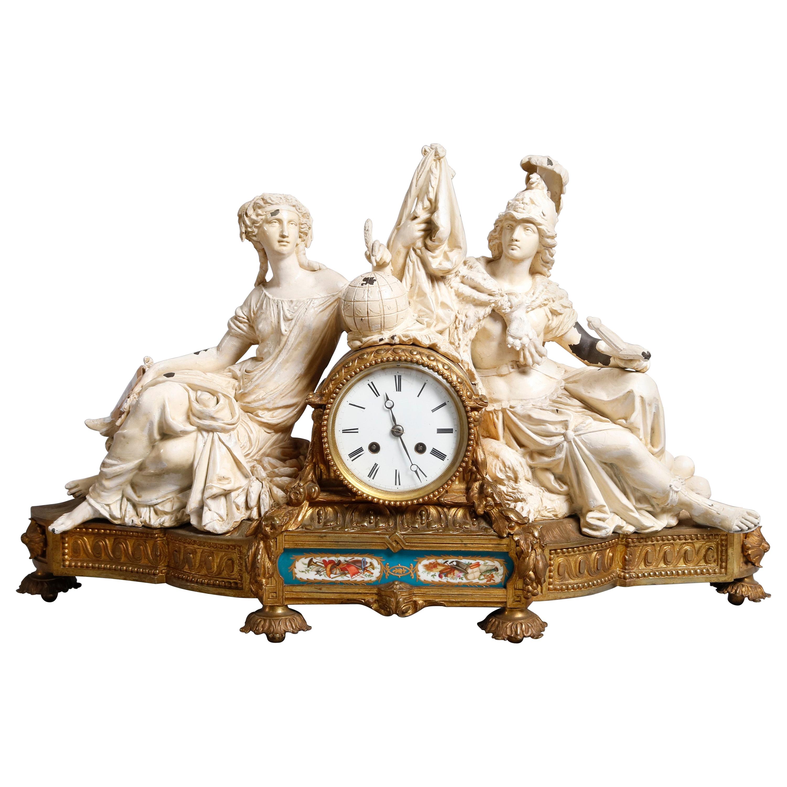 French Louis XV Style Figural Sevres School and Mixed Metal Clock, circa 1880