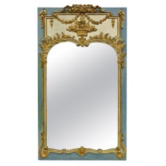 Antique French Louis XV Style Floral Bouquet Blue Distress Painted Wall Mirror